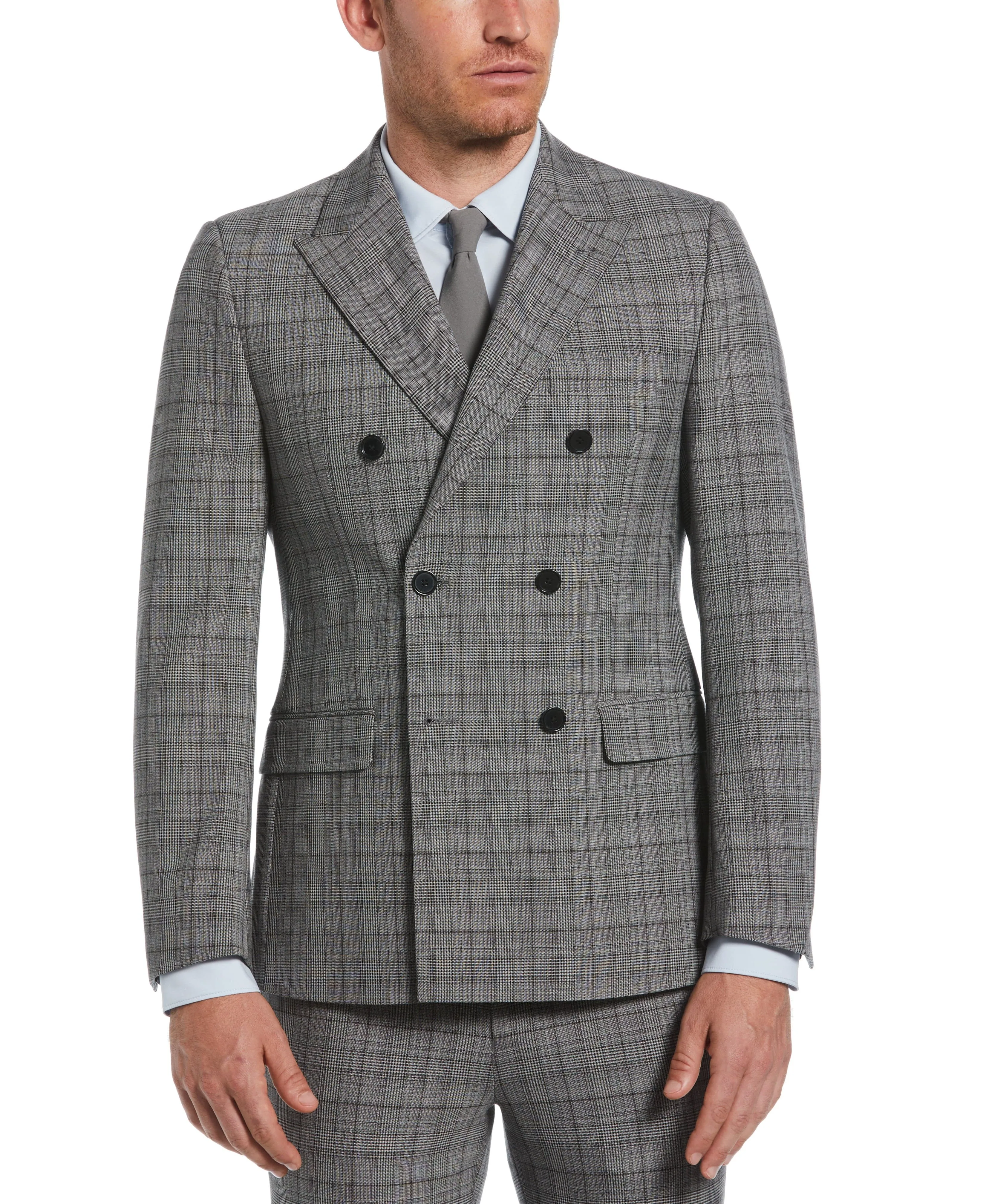 Skinny Fit Double Breasted Notch Collar Plaid Suit Jacket sold by Perry Ellis