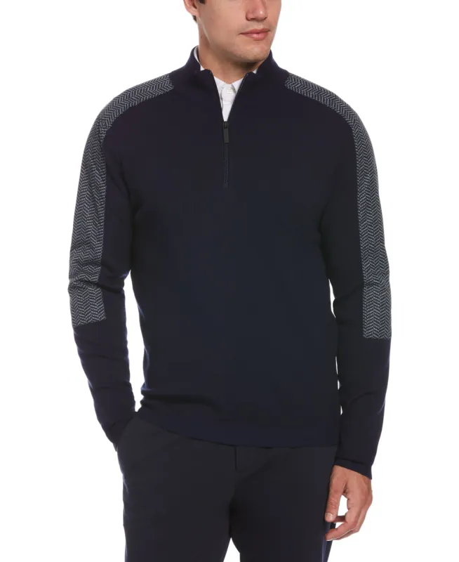 Nylon Pieced Herringbone Print Quarter Zip Sweater sold by Perry Ellis