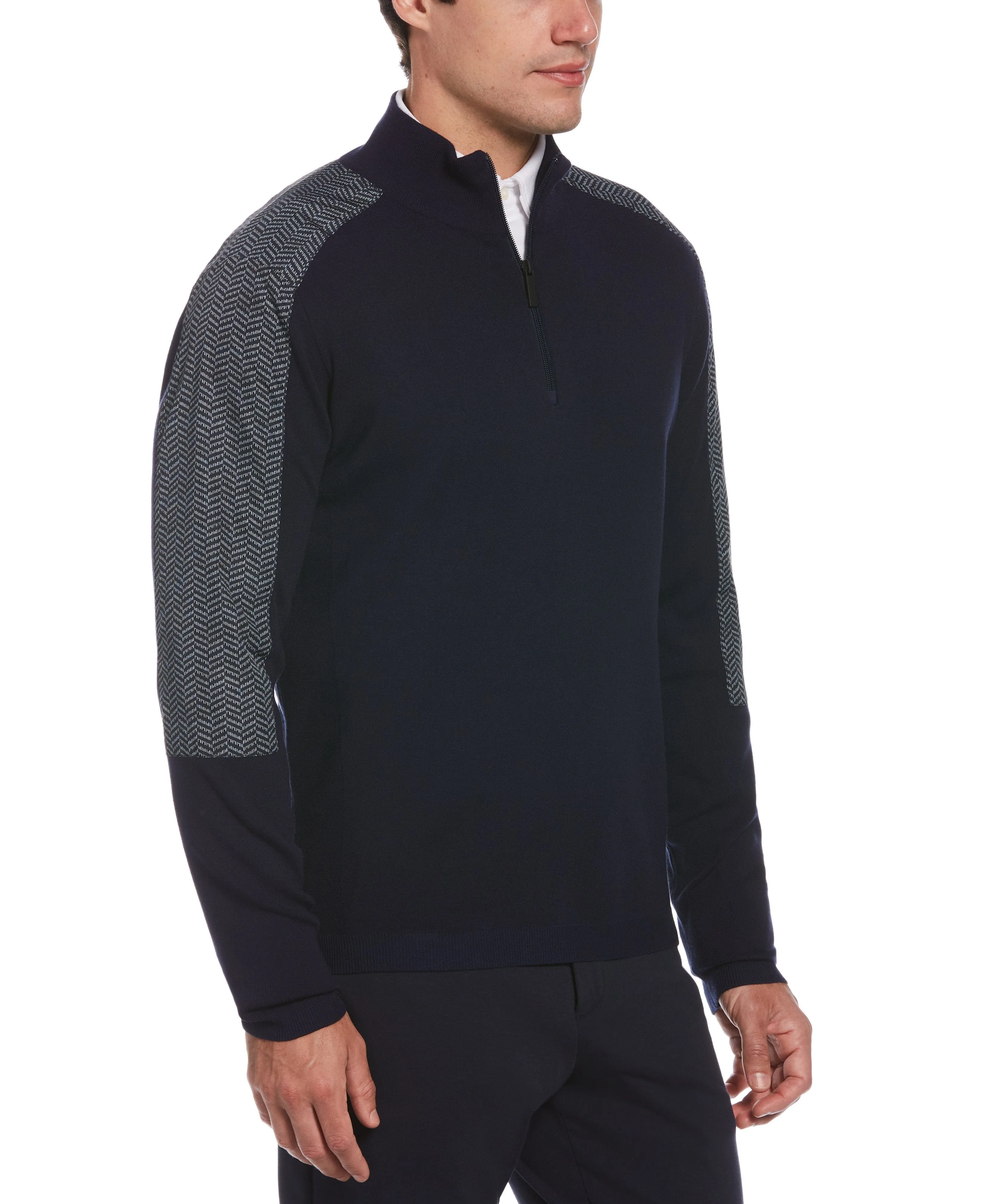 Nylon Pieced Herringbone Print Quarter Zip Sweater sold by Perry Ellis product image thumbnail 4