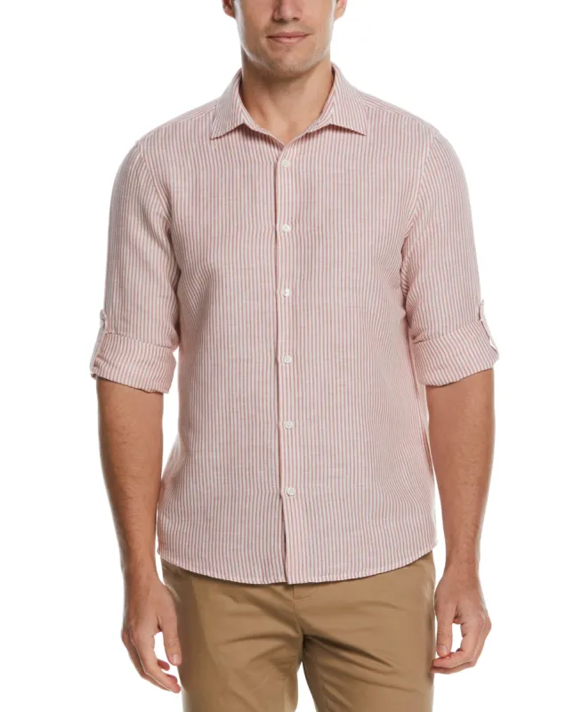 Untucked Roll Sleeve Linen Blend Stripe Shirt sold by Perry Ellis