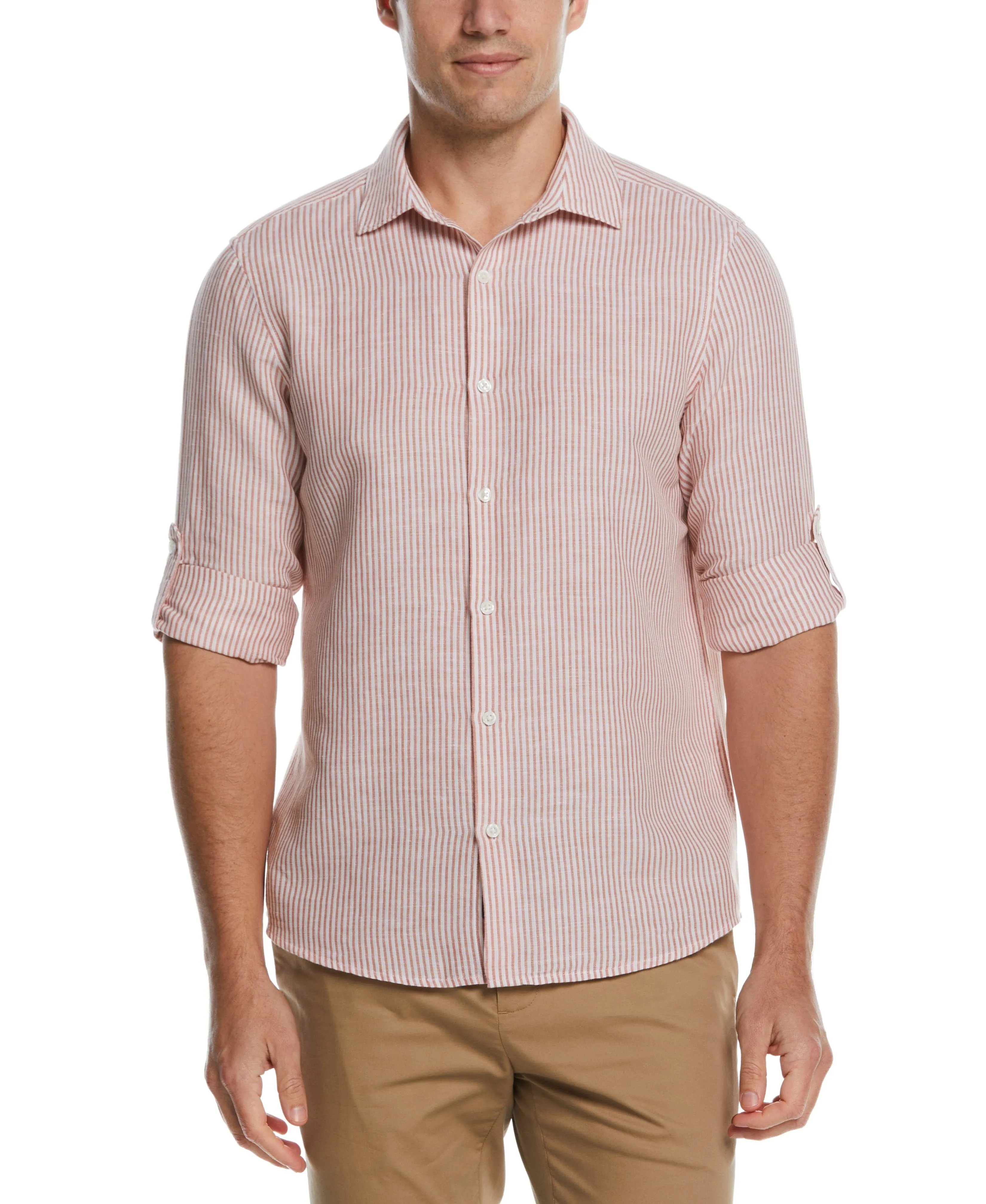 Untucked Roll Sleeve Linen Blend Stripe Shirt sold by Perry Ellis