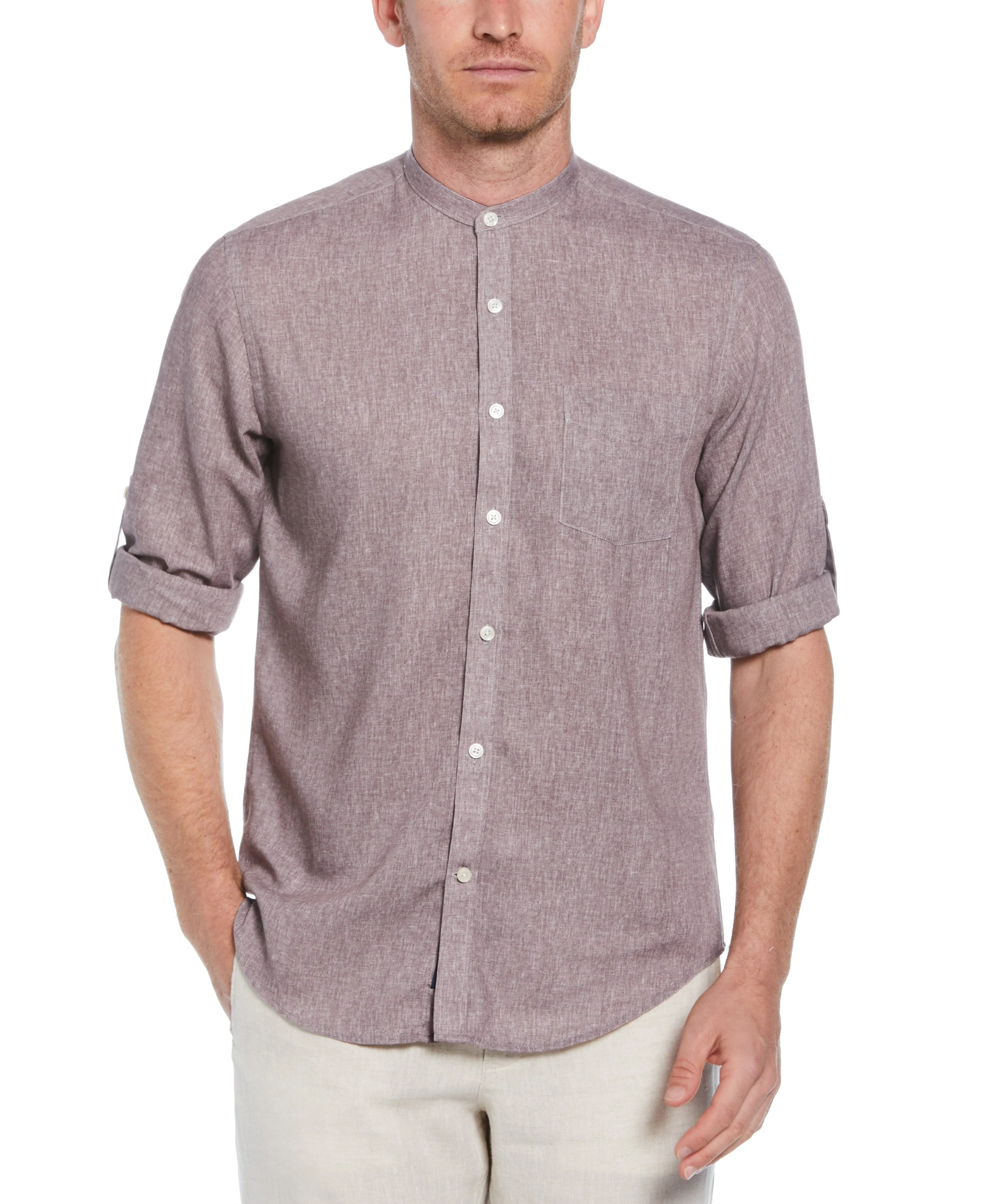 Slim Fit Banded Collar Rolled Sleeve Shirt sold by Perry Ellis