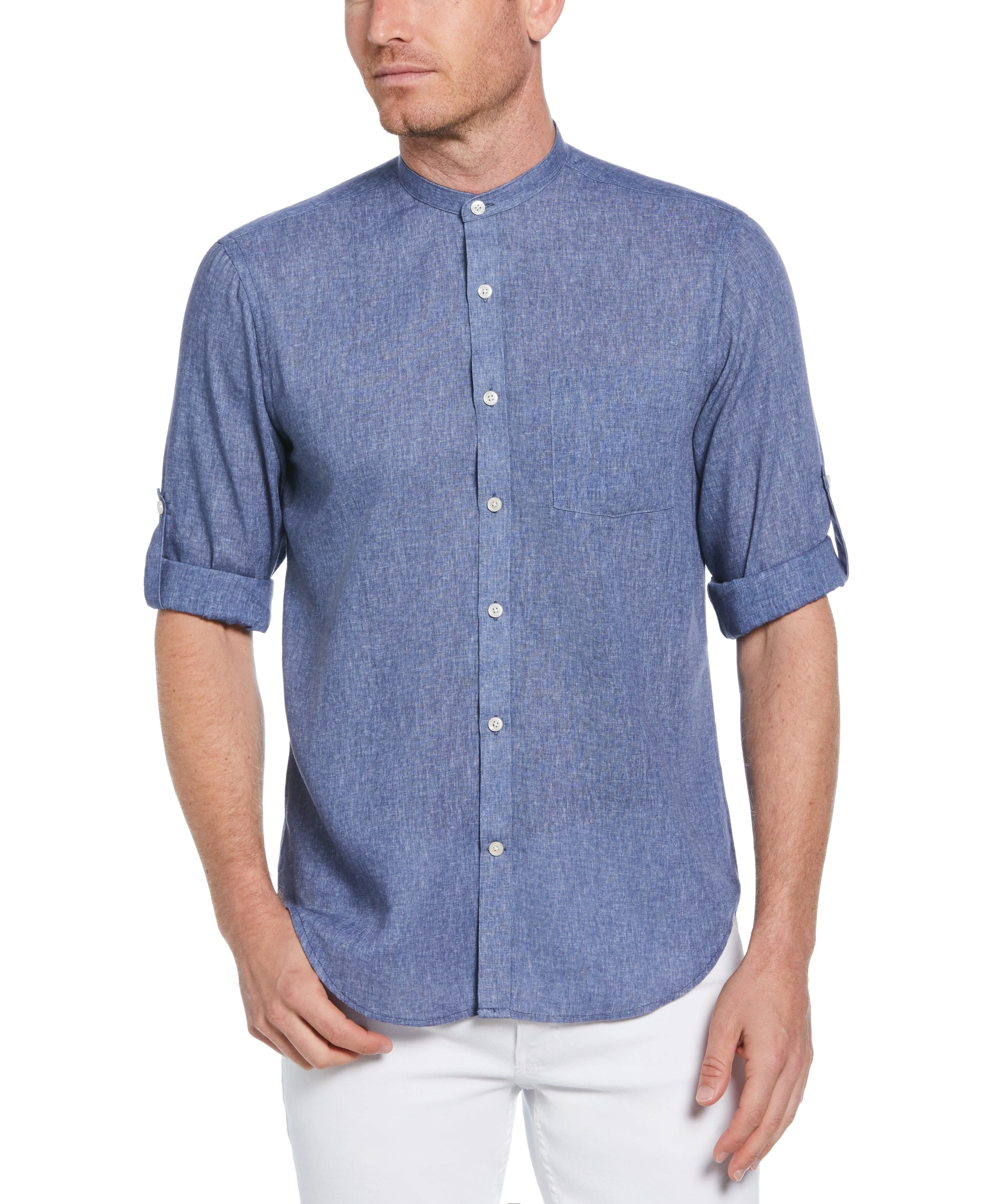 Slim Fit Banded Collar Rolled Sleeve Shirt sold by Perry Ellis
