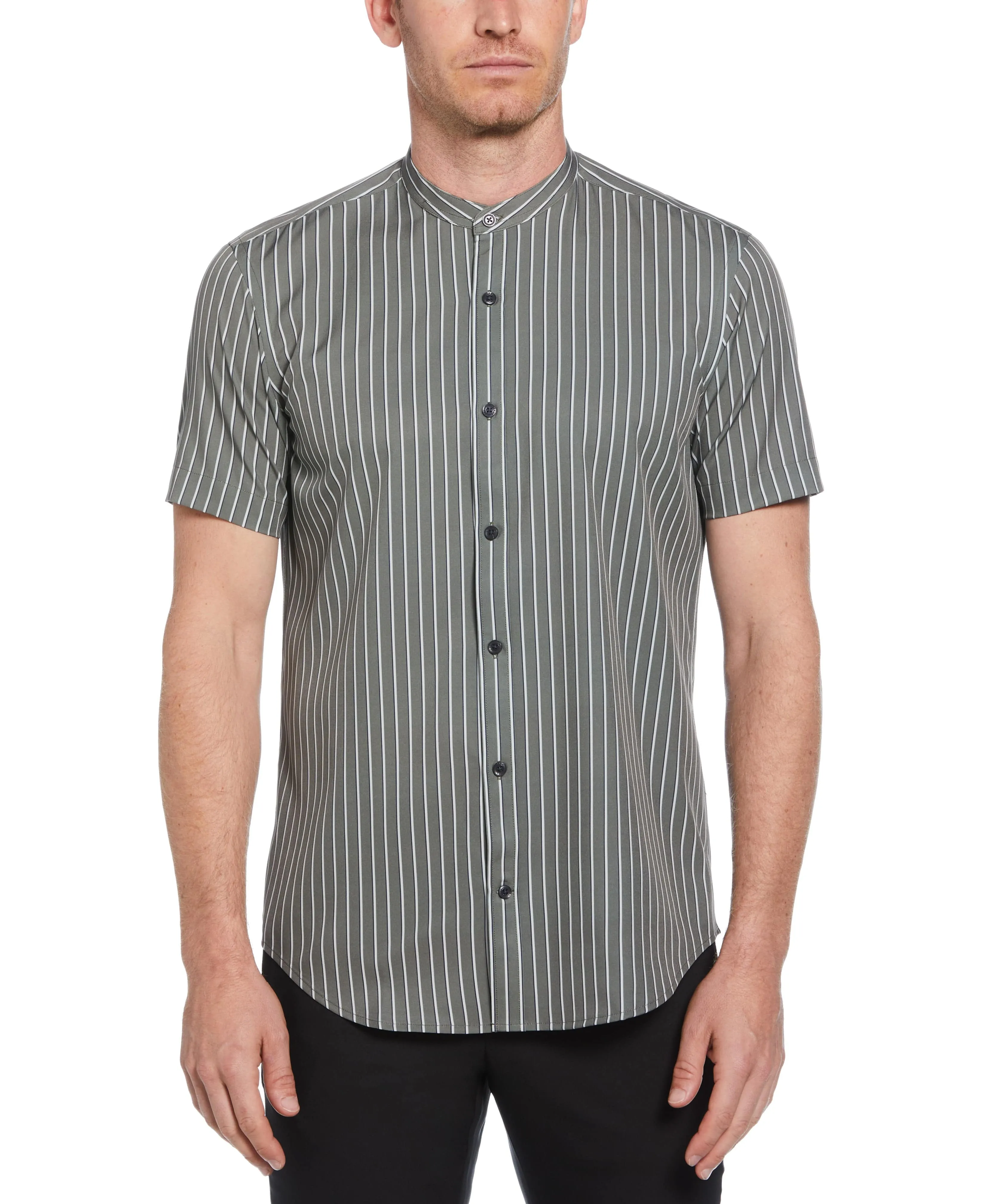 Slim Fit Band Collar Tri-Stripe Shirt sold by Perry Ellis