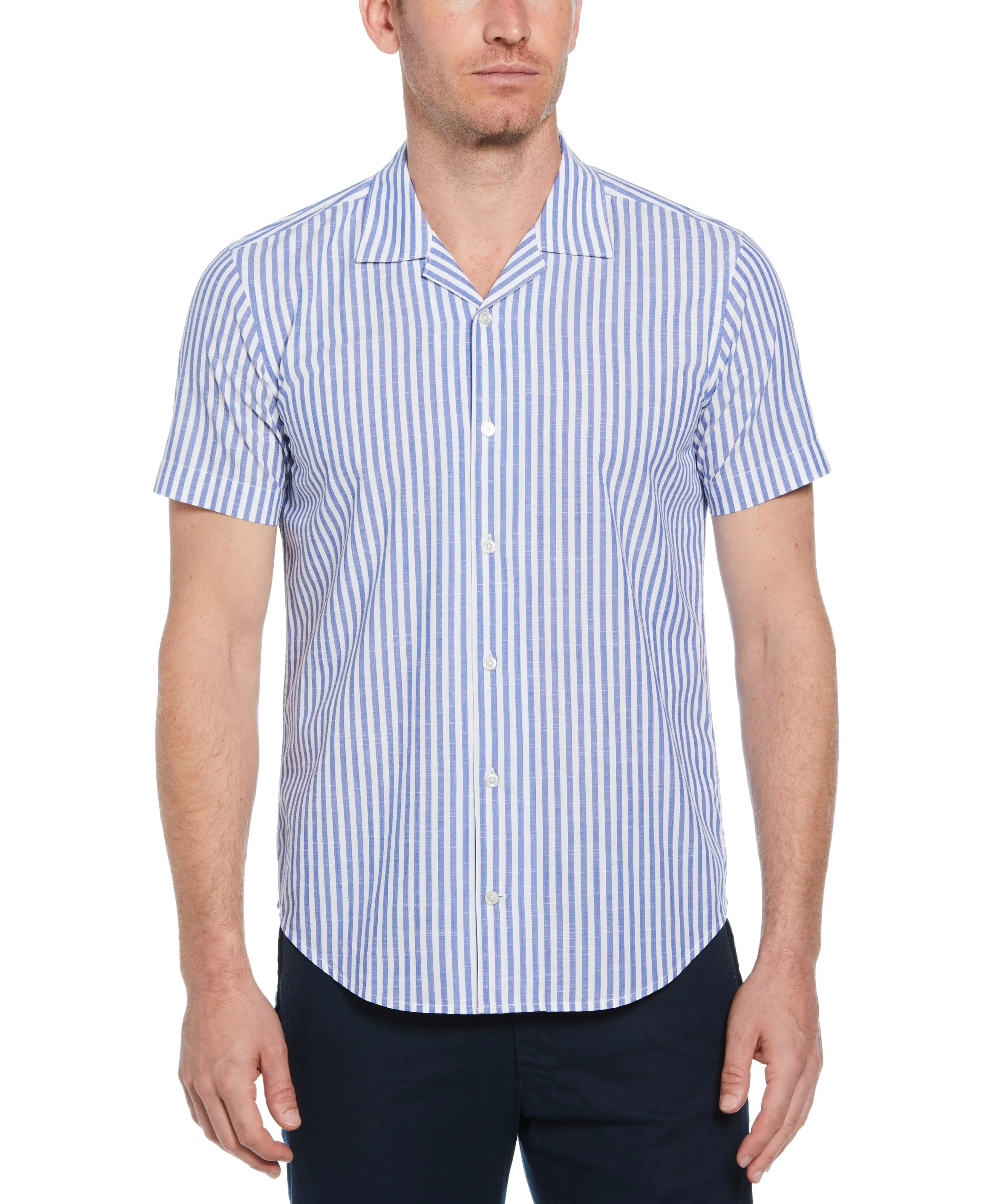Slim Fit Linen-Like Thin Stripe Print Shirt sold by Perry Ellis