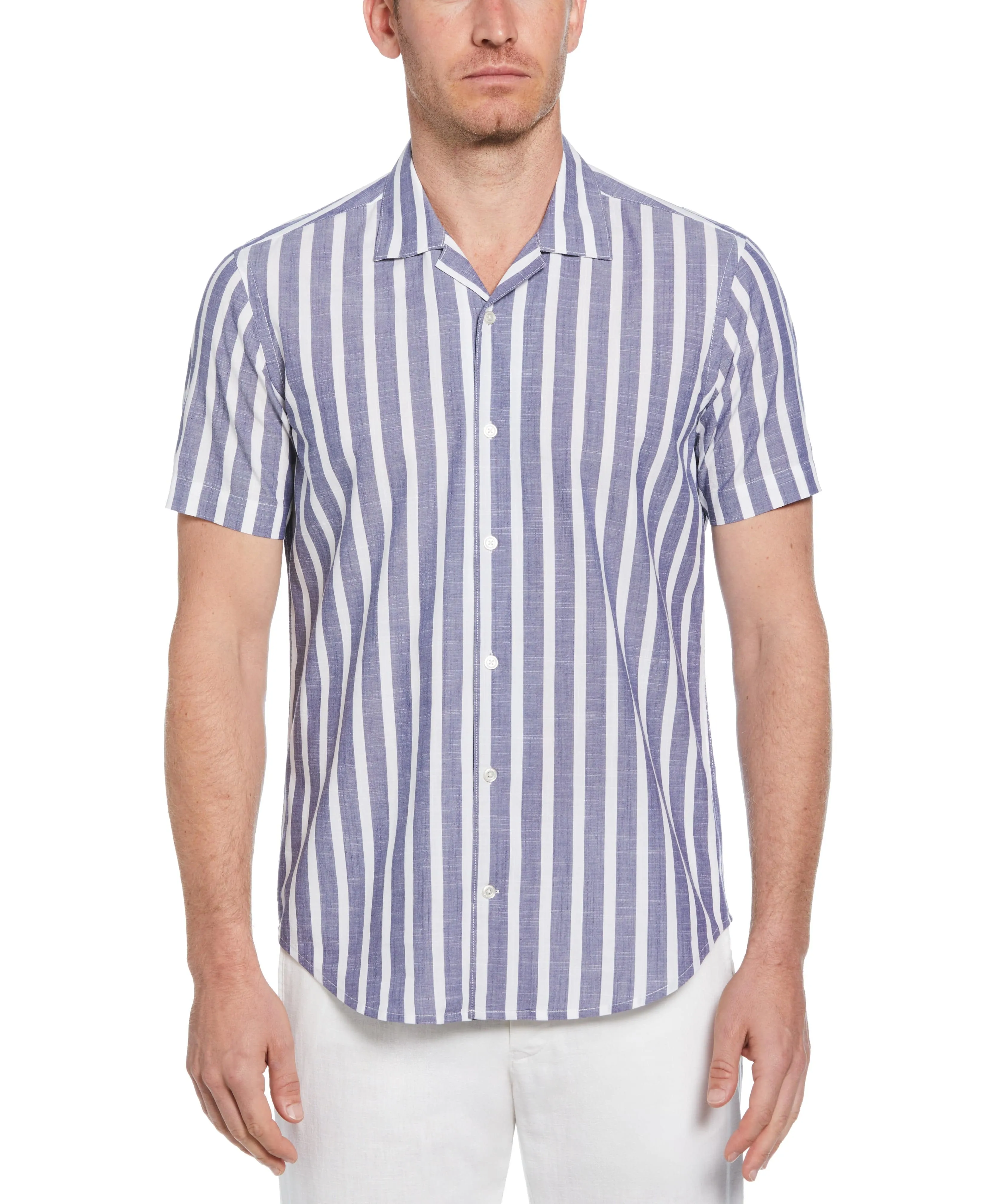 Slim Fit Linen-Like Thick Stripe Print Shirt sold by Perry Ellis