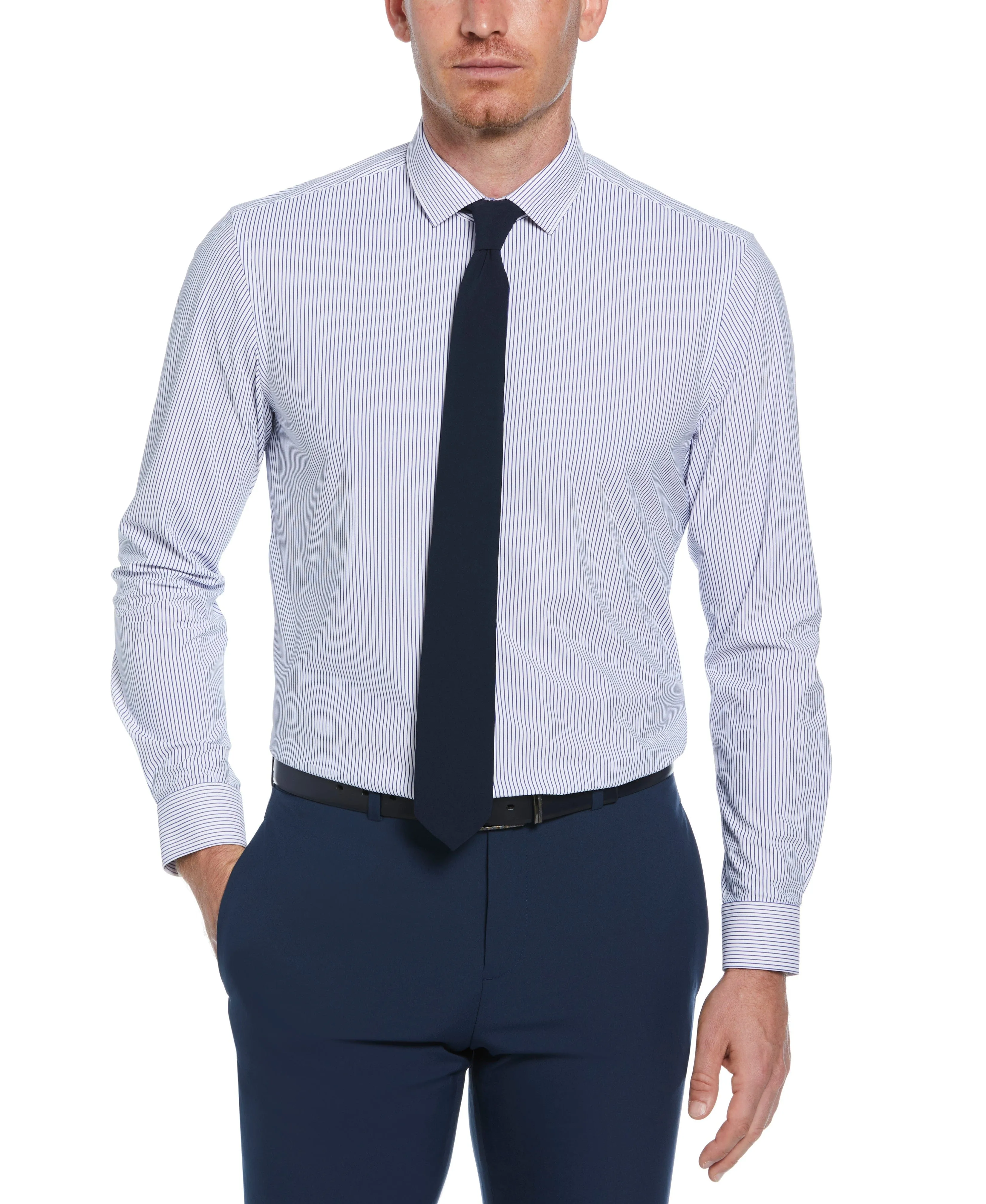Slim Fit Knit Navy and White Thin Stripe Dress Shirt sold by Perry Ellis