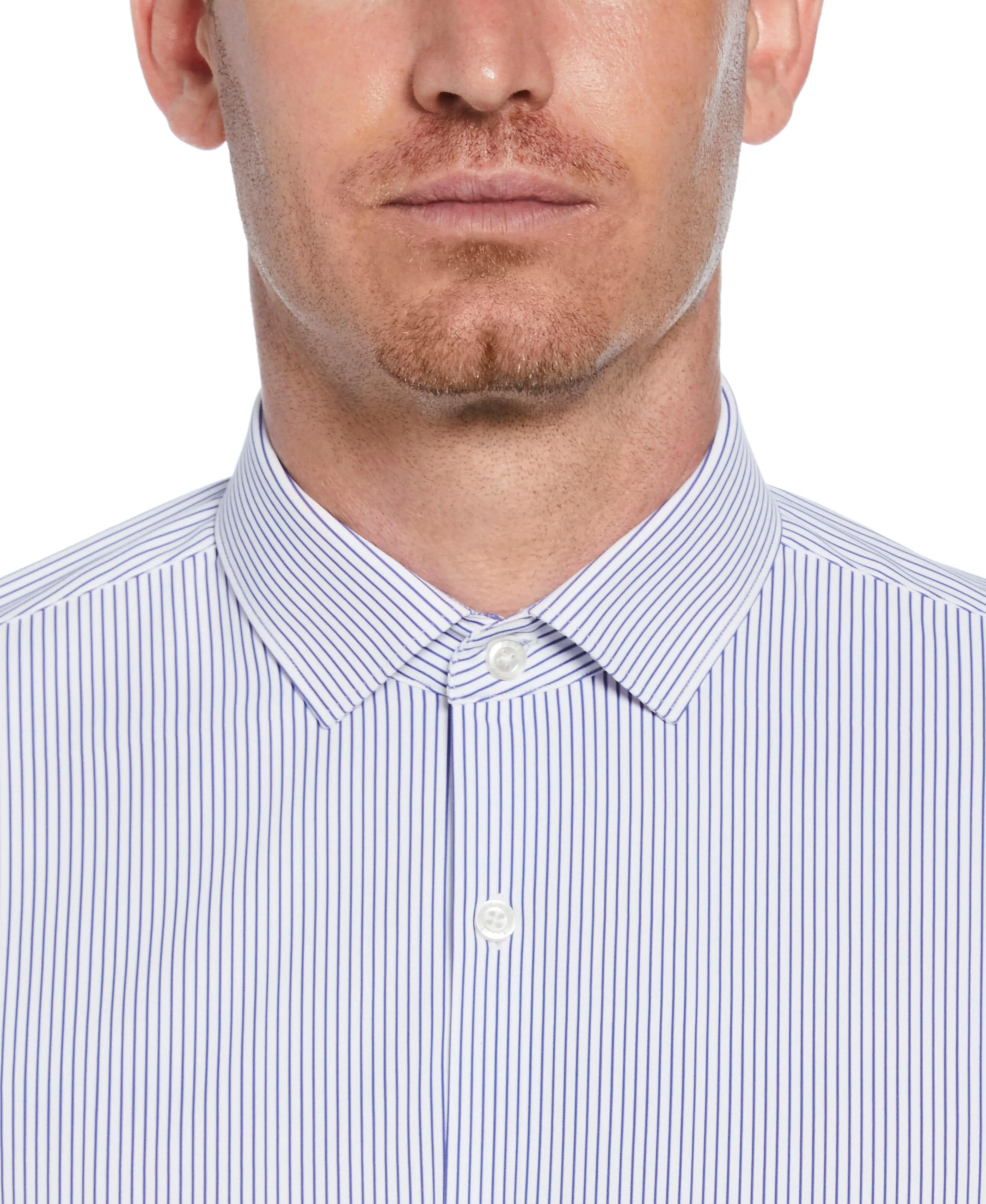 Slim Fit Knit Navy and White Thin Stripe Dress Shirt sold by Perry Ellis product image thumbnail 3