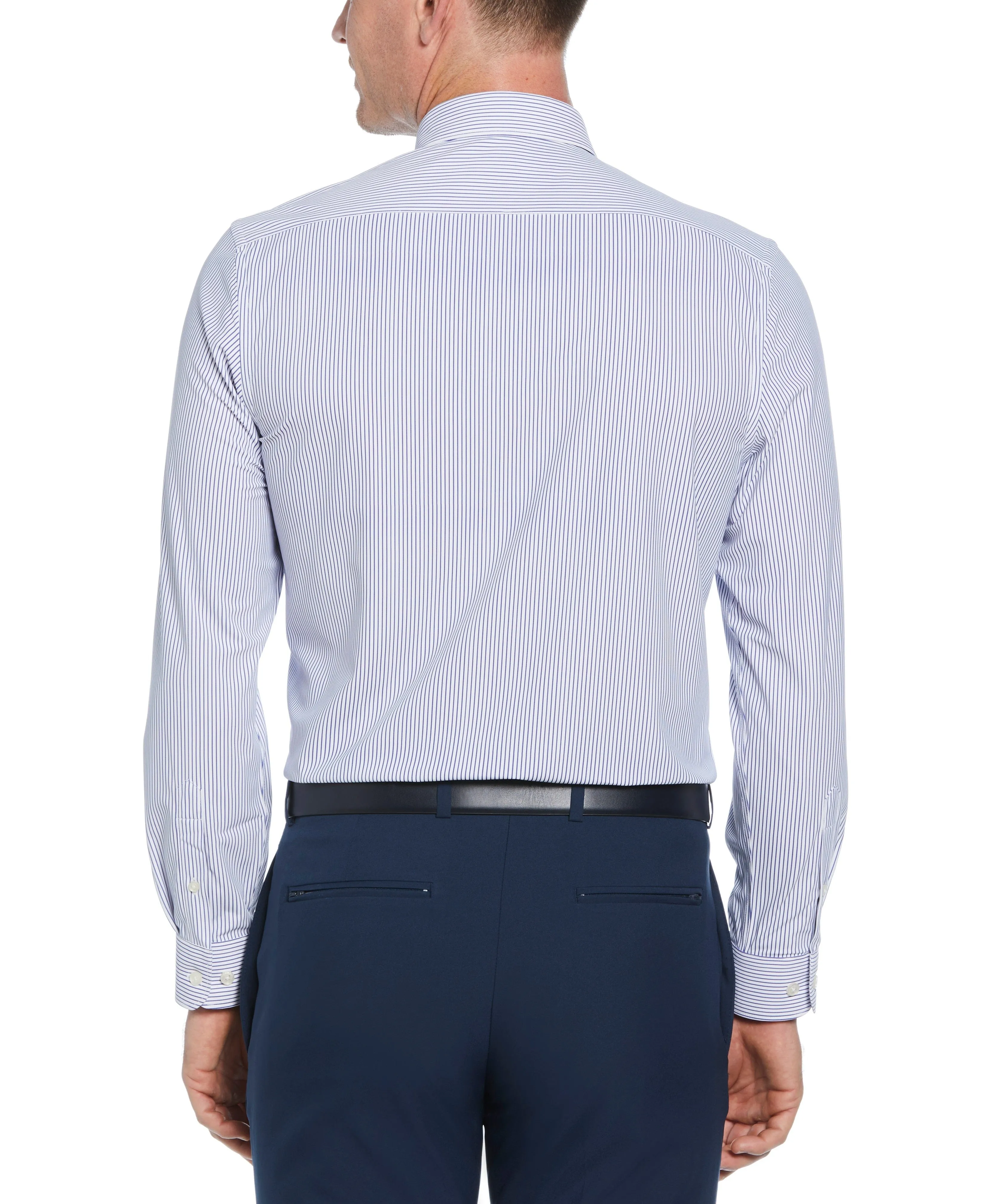 Slim Fit Knit Navy and White Thin Stripe Dress Shirt sold by Perry Ellis product image thumbnail 2