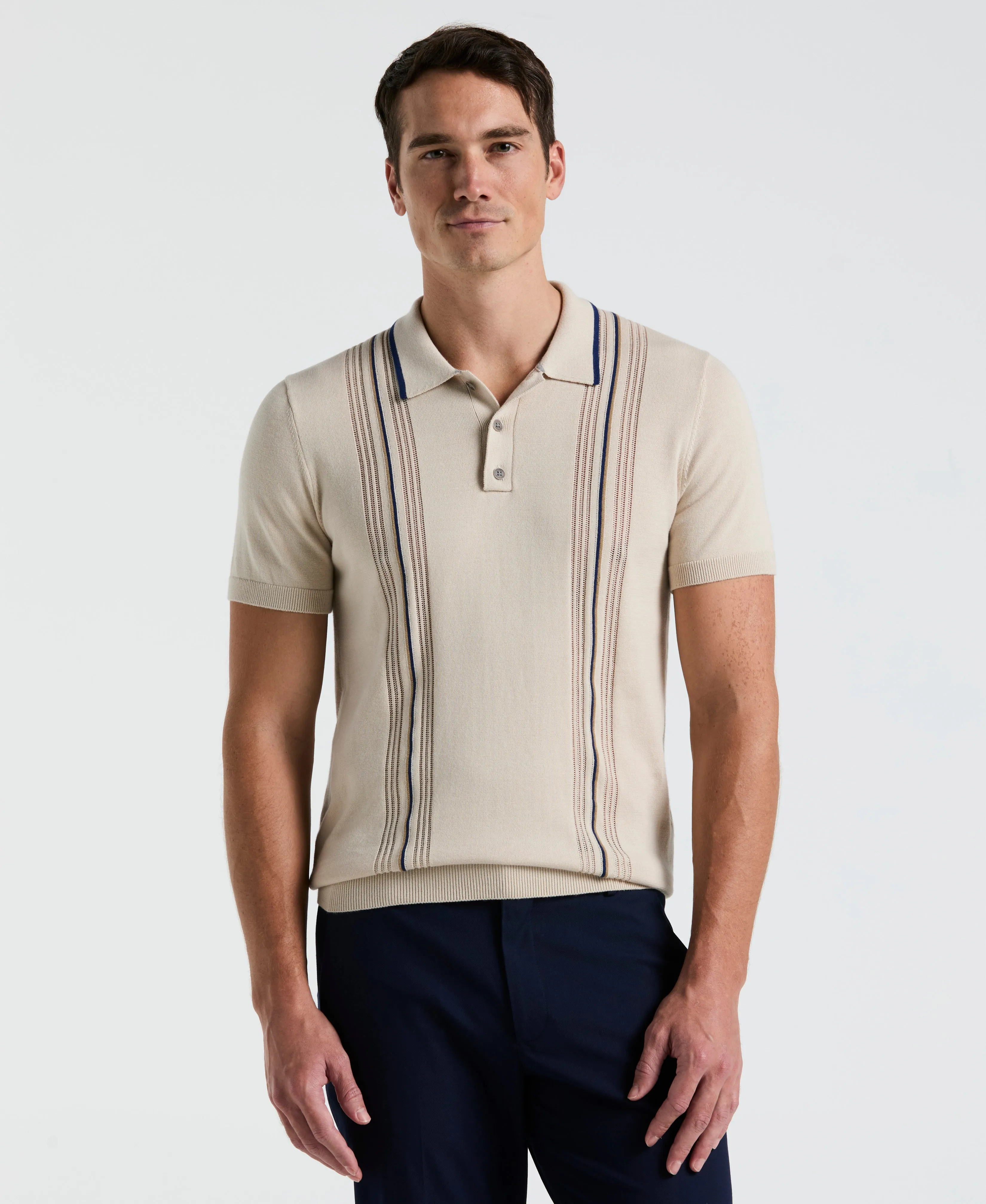 Cotton Mesh Vertical Stripe Print Button Polo sold by Perry Ellis