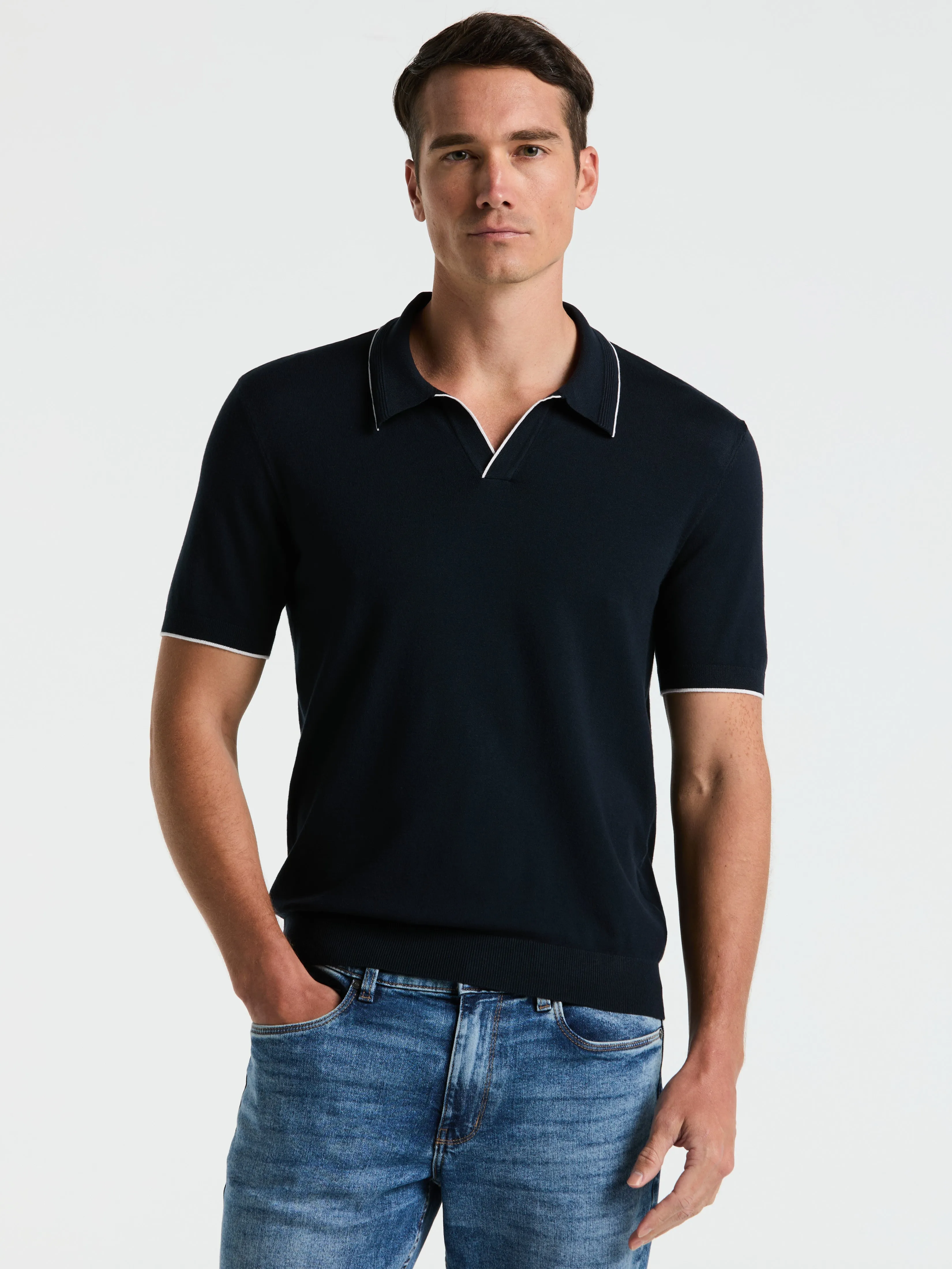 Tech Knit Open Collar Tipped Sweater Polo sold by Perry Ellis