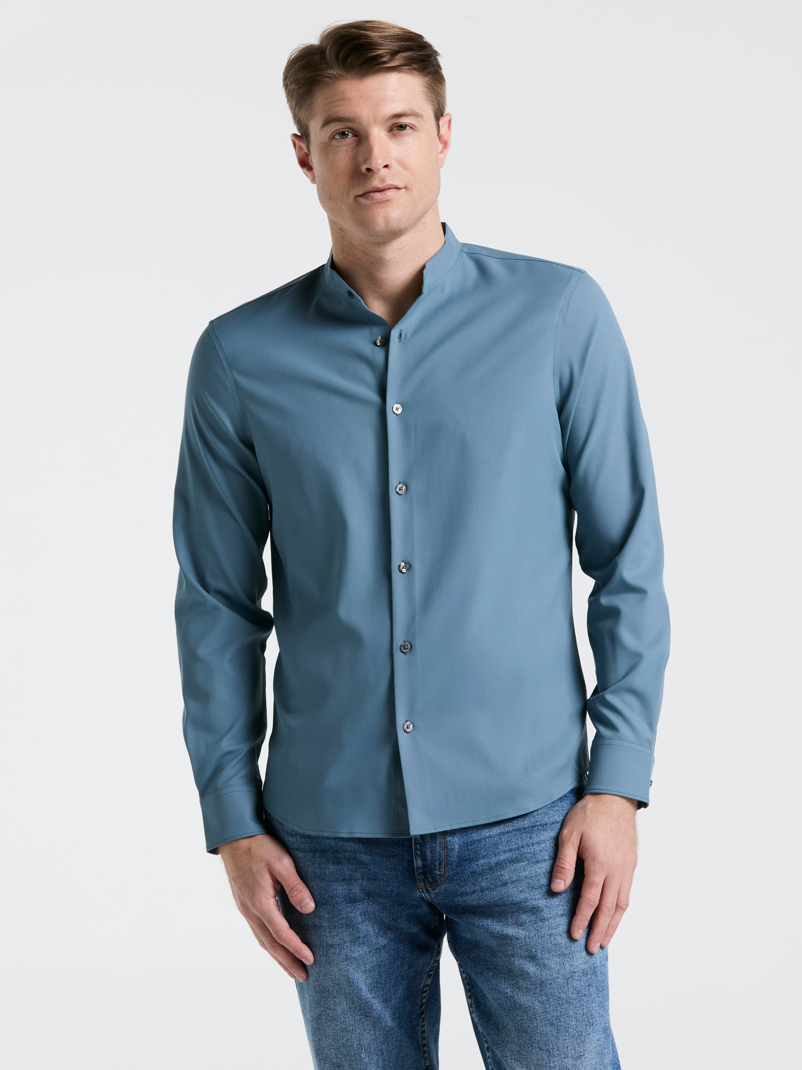 Untucked Total Stretch Slim Fit Banded Collar Shirt sold by Perry Ellis
