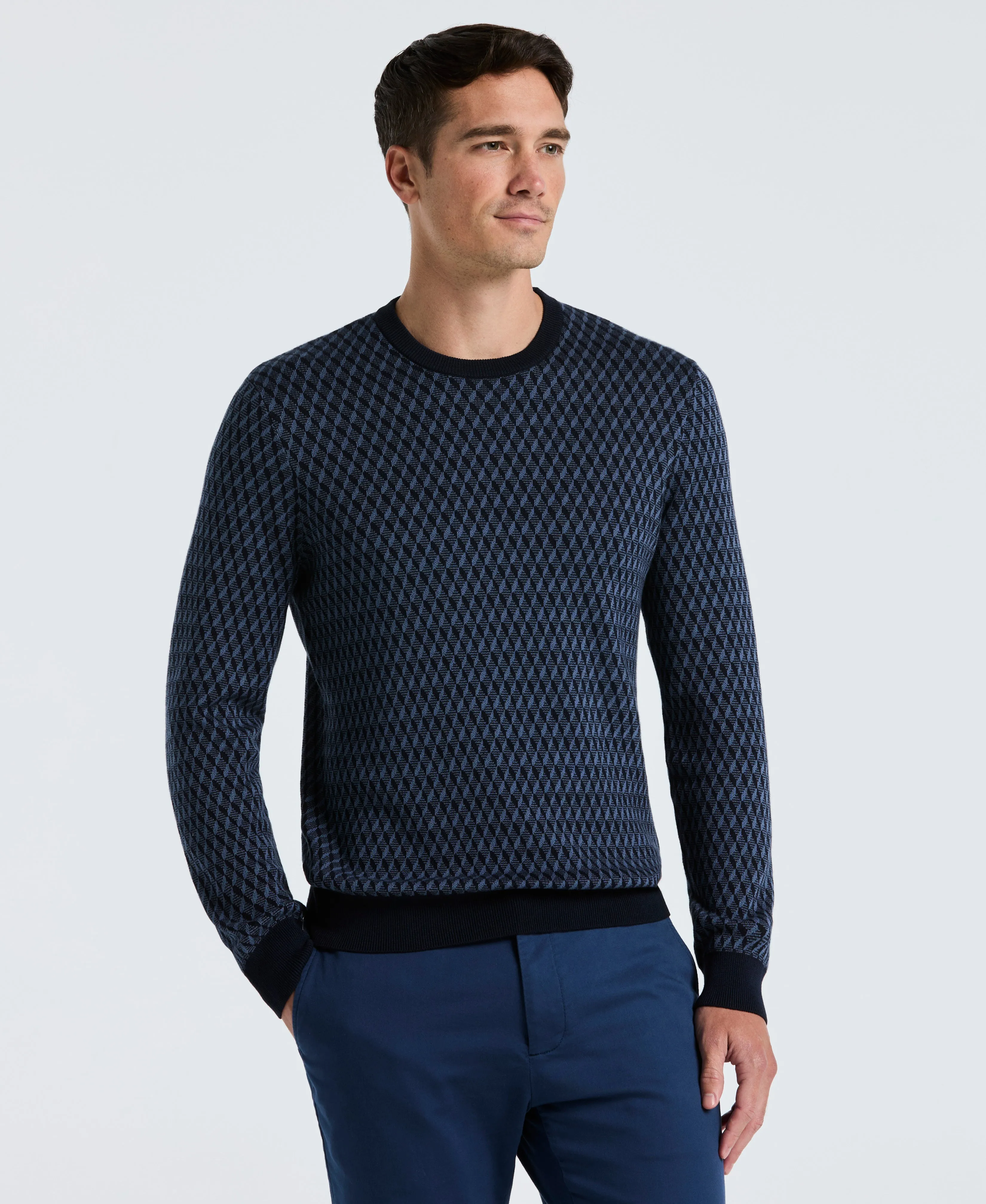 Cotton Blend Geo Jacquard Crew Neck Sweater sold by Perry Ellis