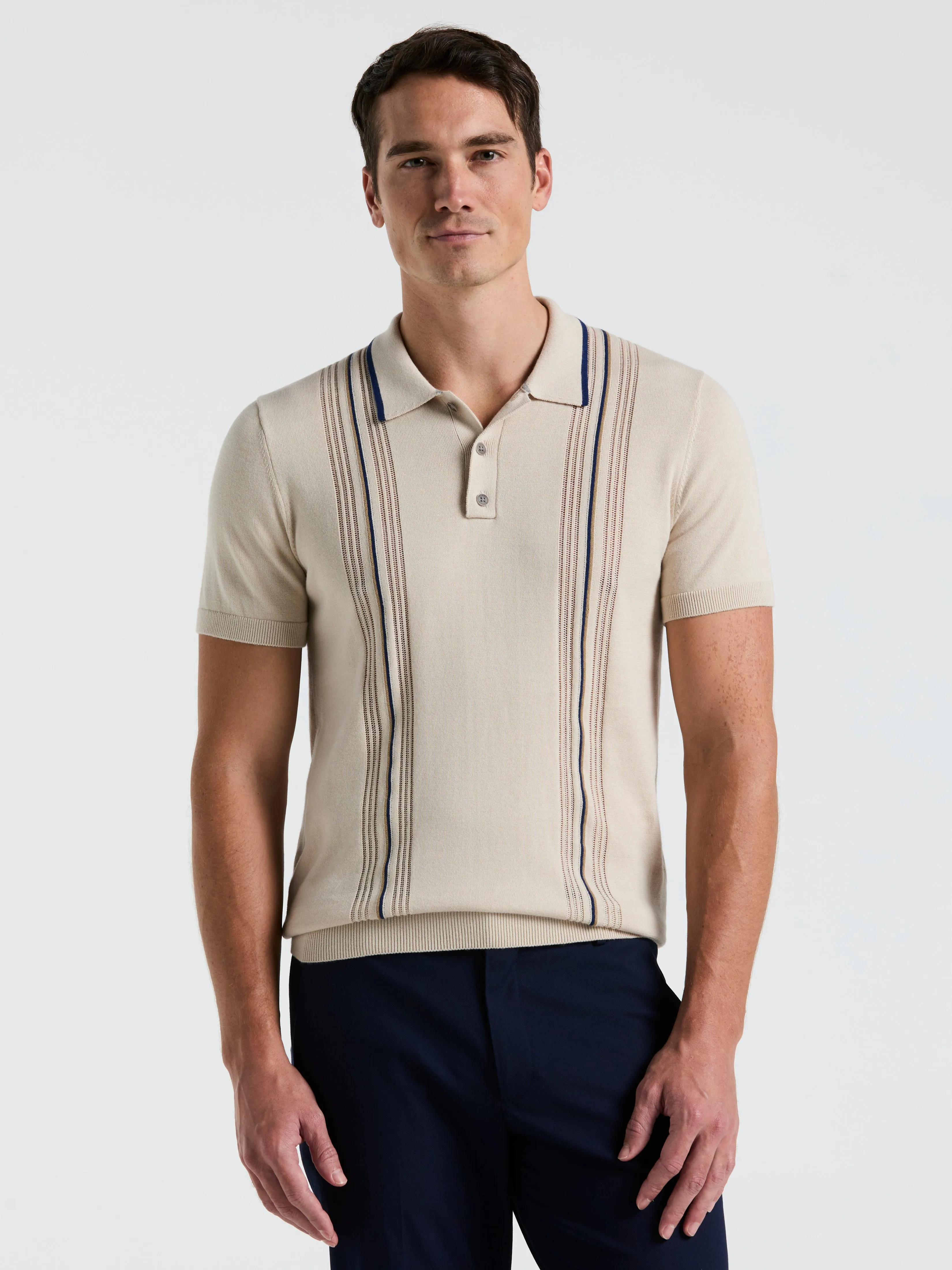 Cotton Mesh Vertical Stripe Print Button Polo sold by Perry Ellis