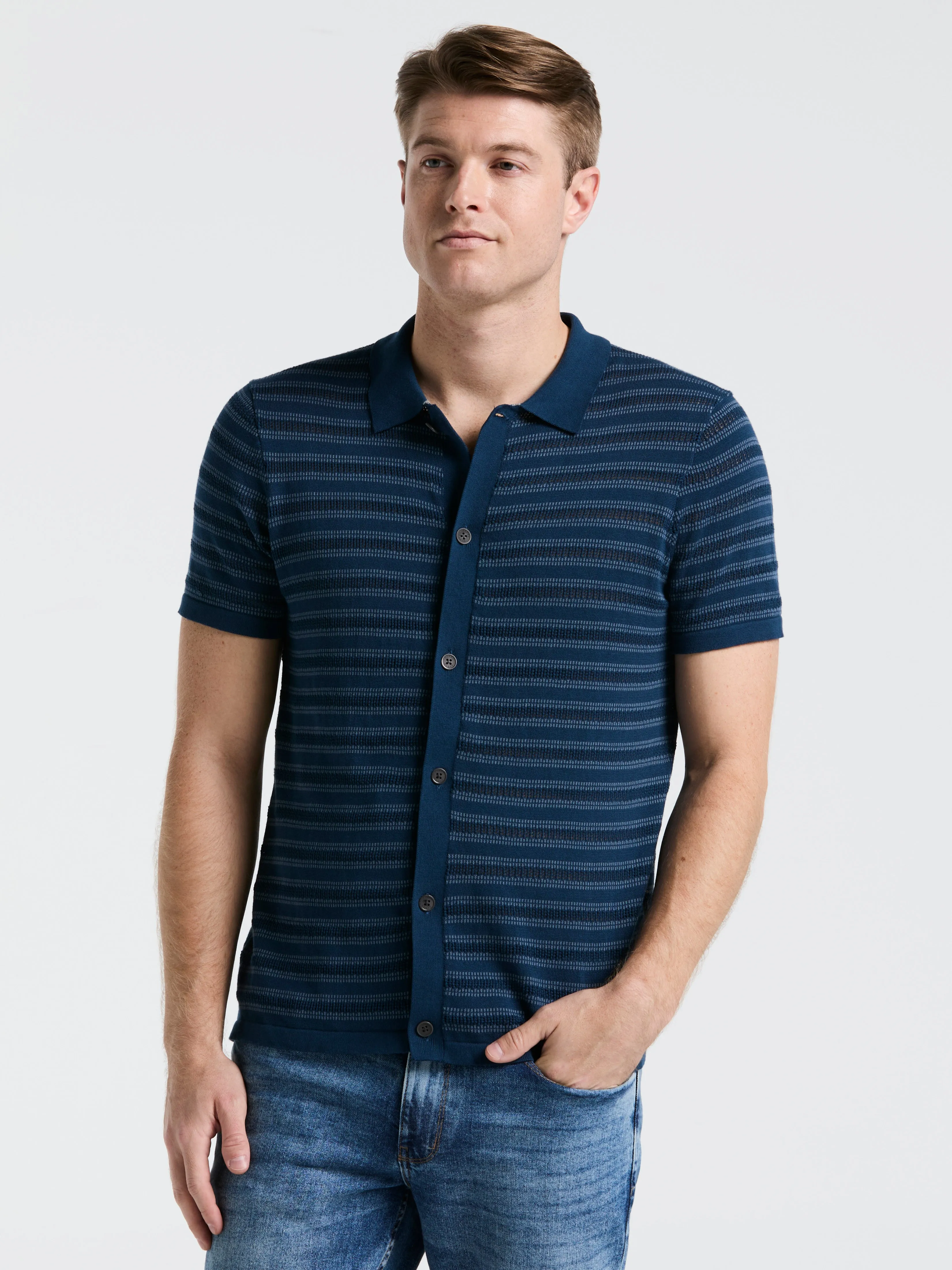 Button-Front Striped Polo Sweater sold by Perry Ellis