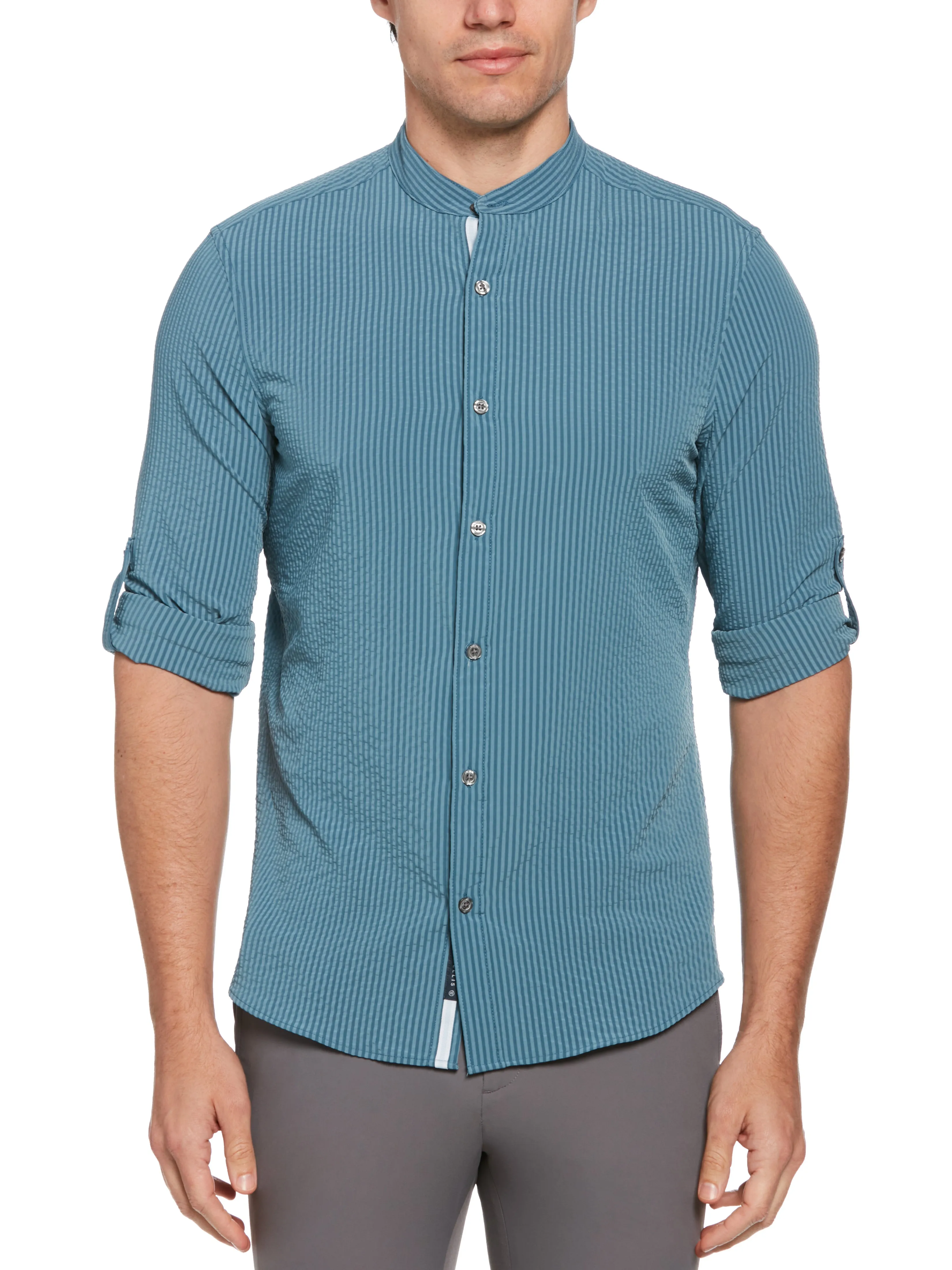 Untucked Total Stretch Slim Fit Seersucker Shirt sold by Perry Ellis product image thumbnail 4