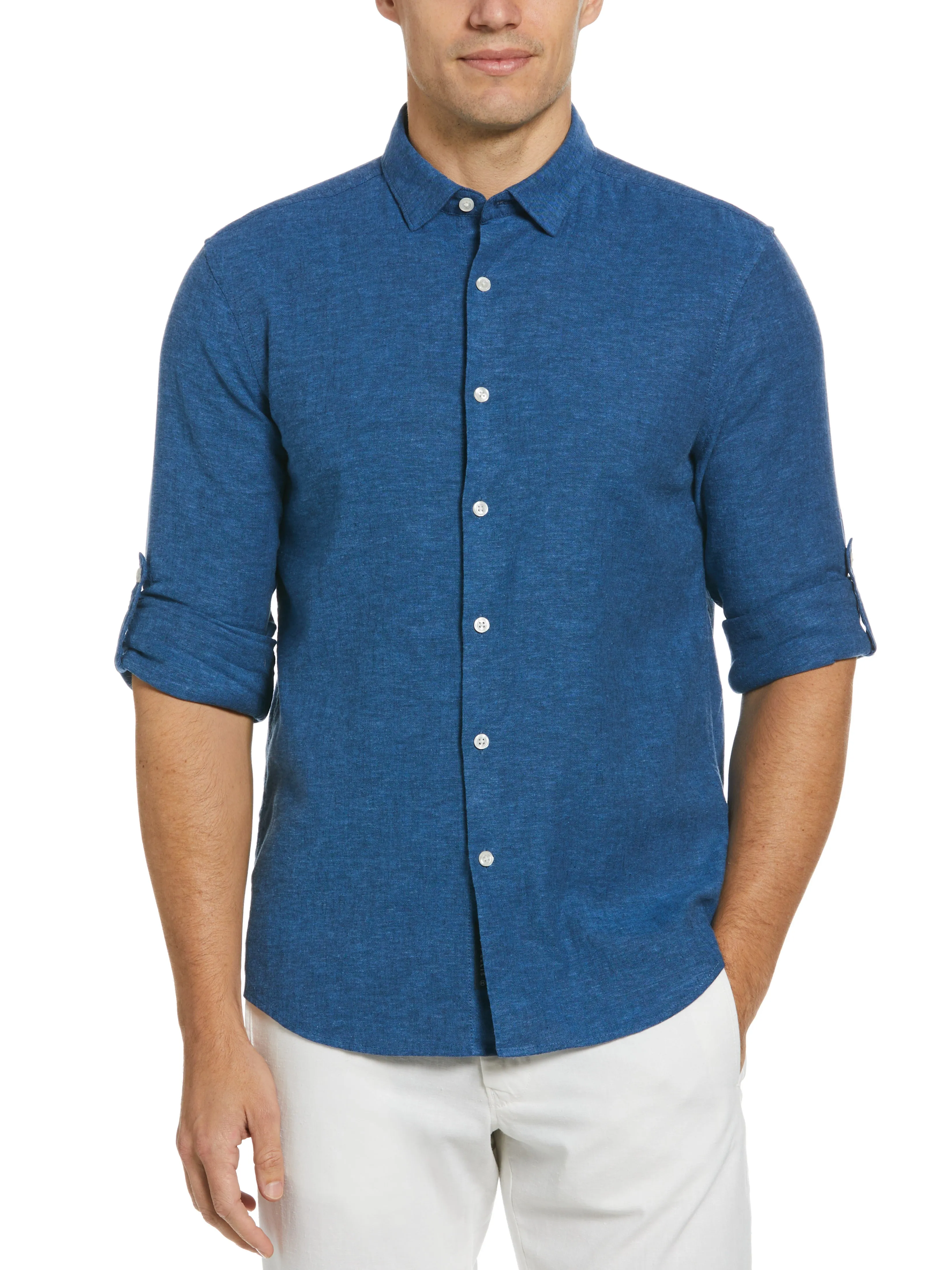 Untucked Slim Fit Linen Blend Rolled Sleeve Shirt sold by Perry Ellis product image thumbnail 5