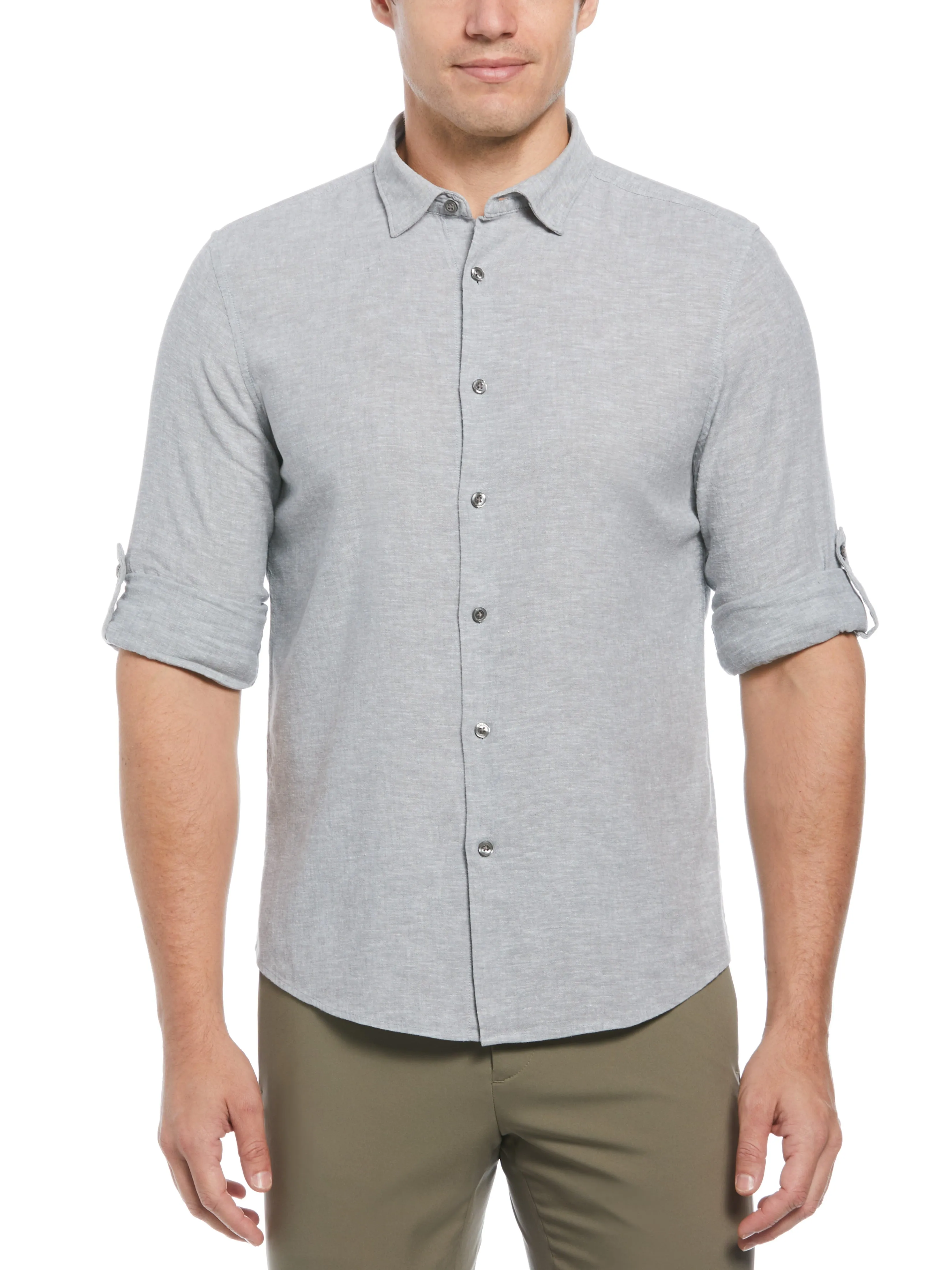Untucked Slim Fit Linen Blend Rolled Sleeve Shirt sold by Perry Ellis