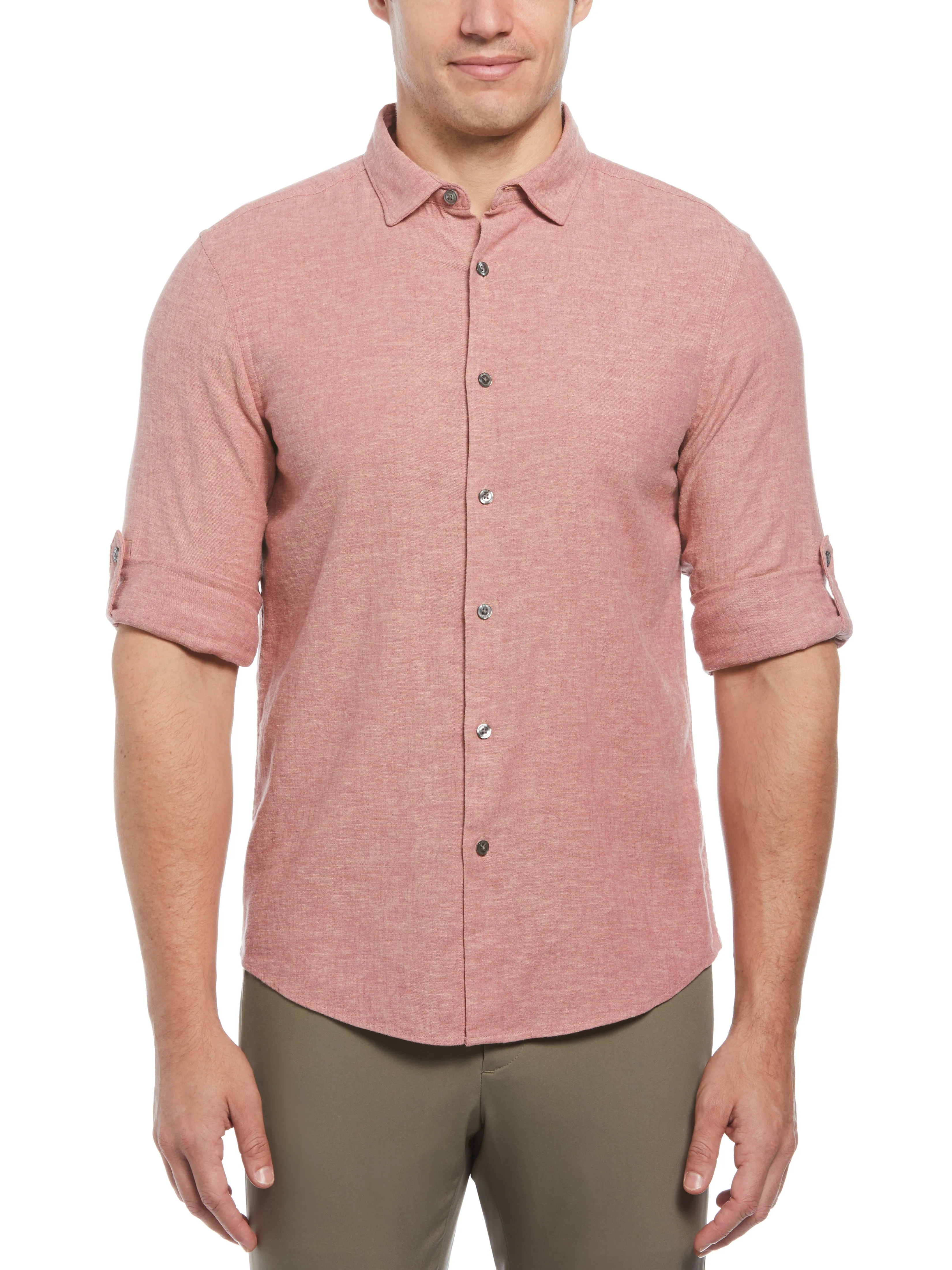 Untucked Slim Fit Linen Blend Rolled Sleeve Shirt sold by Perry Ellis product image thumbnail 2