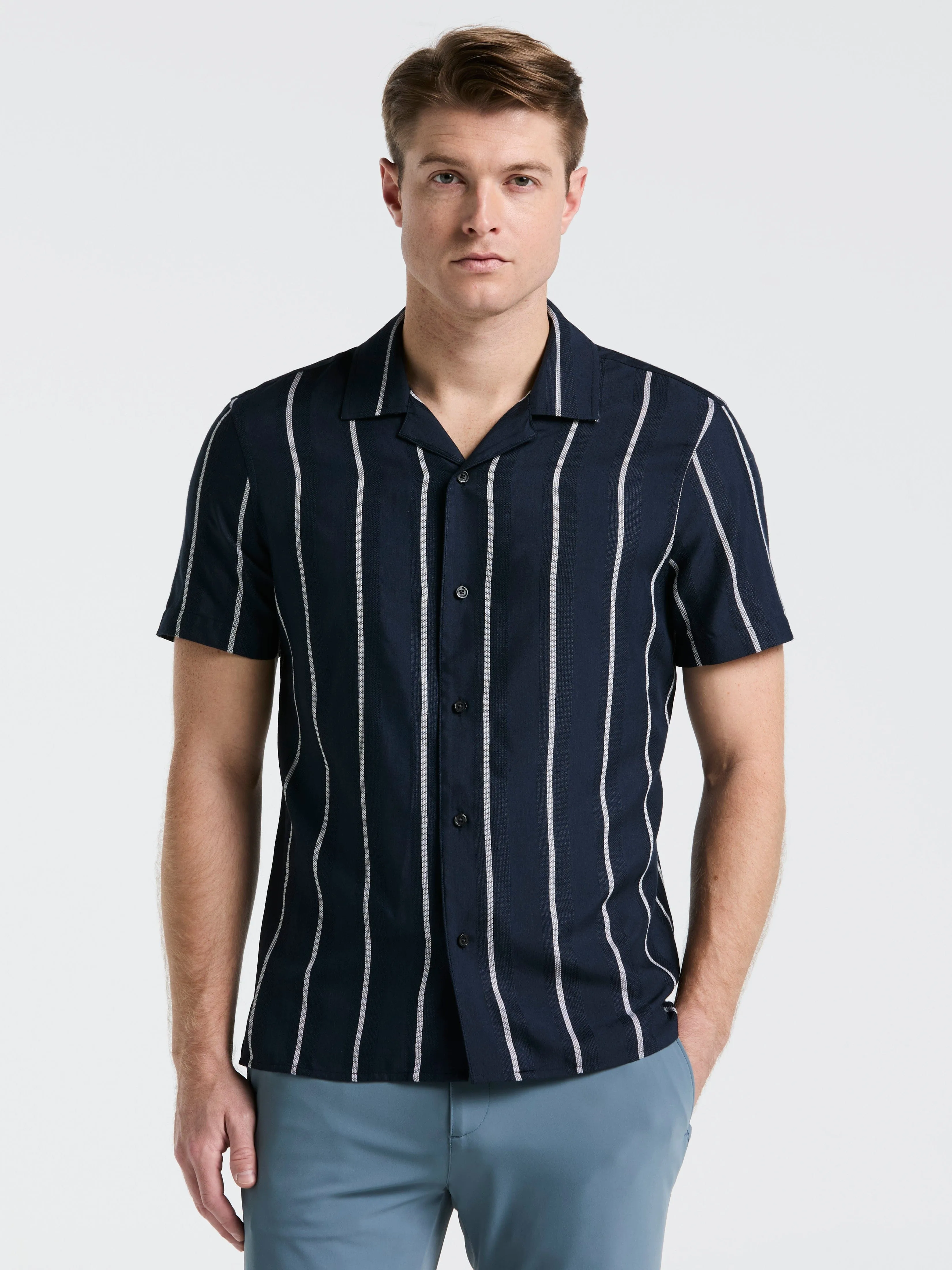 EcoVero™ Striped Camp Collar Shirt sold by Perry Ellis