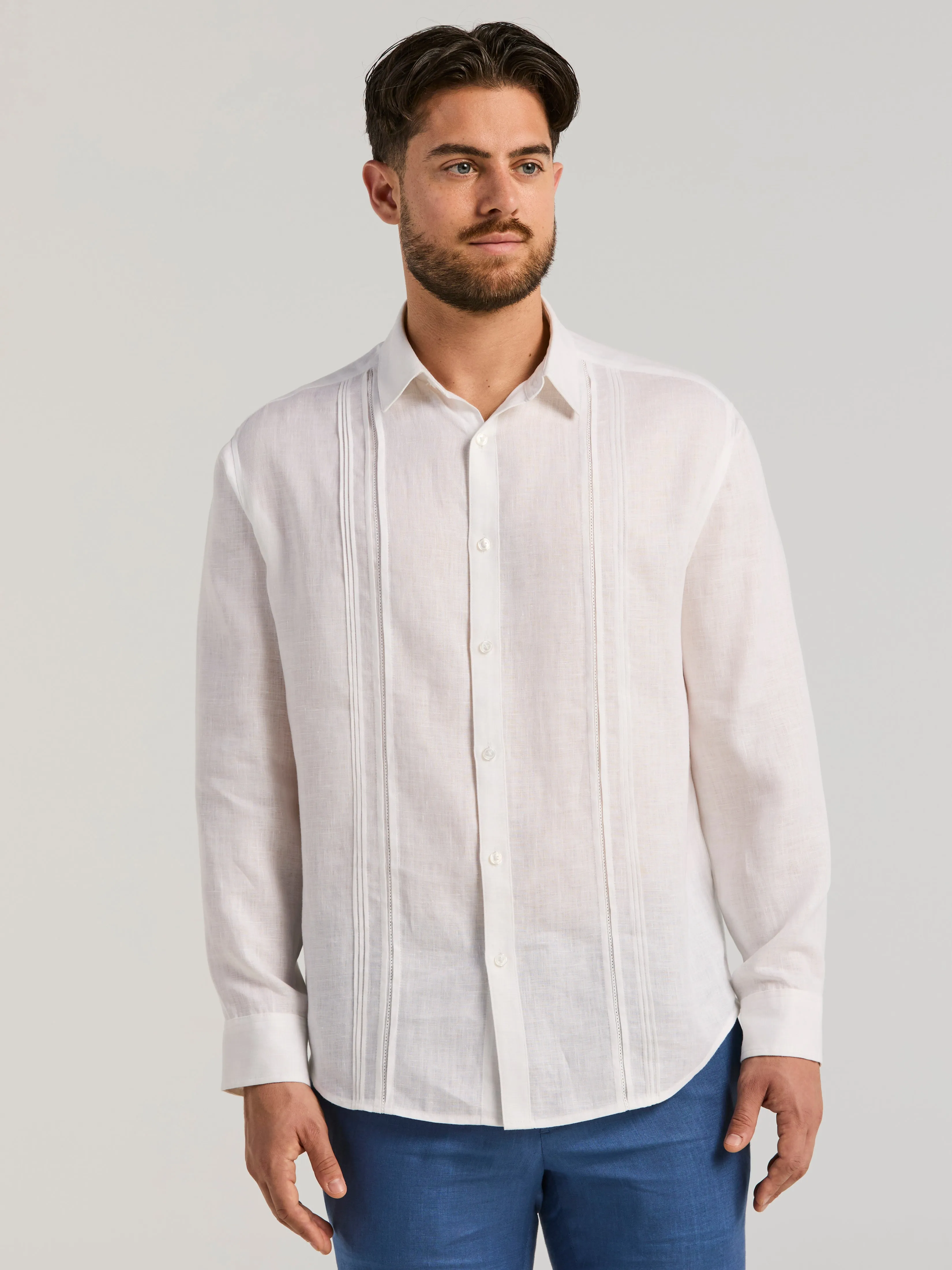 Linen Embroidered Tuck Panel Guayabera Shirt sold by Perry Ellis product image thumbnail 3