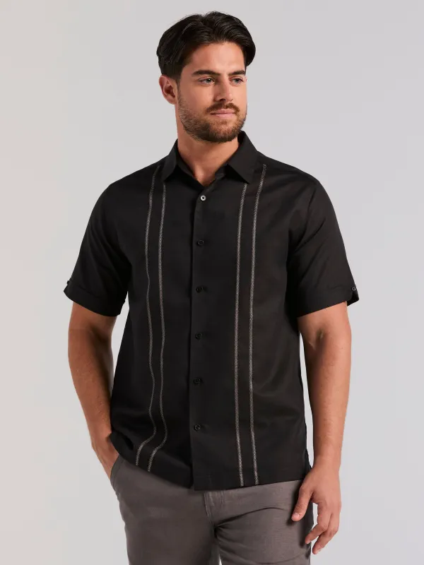 Linen Blend Embroidered Panel Shirt made by Cubavera