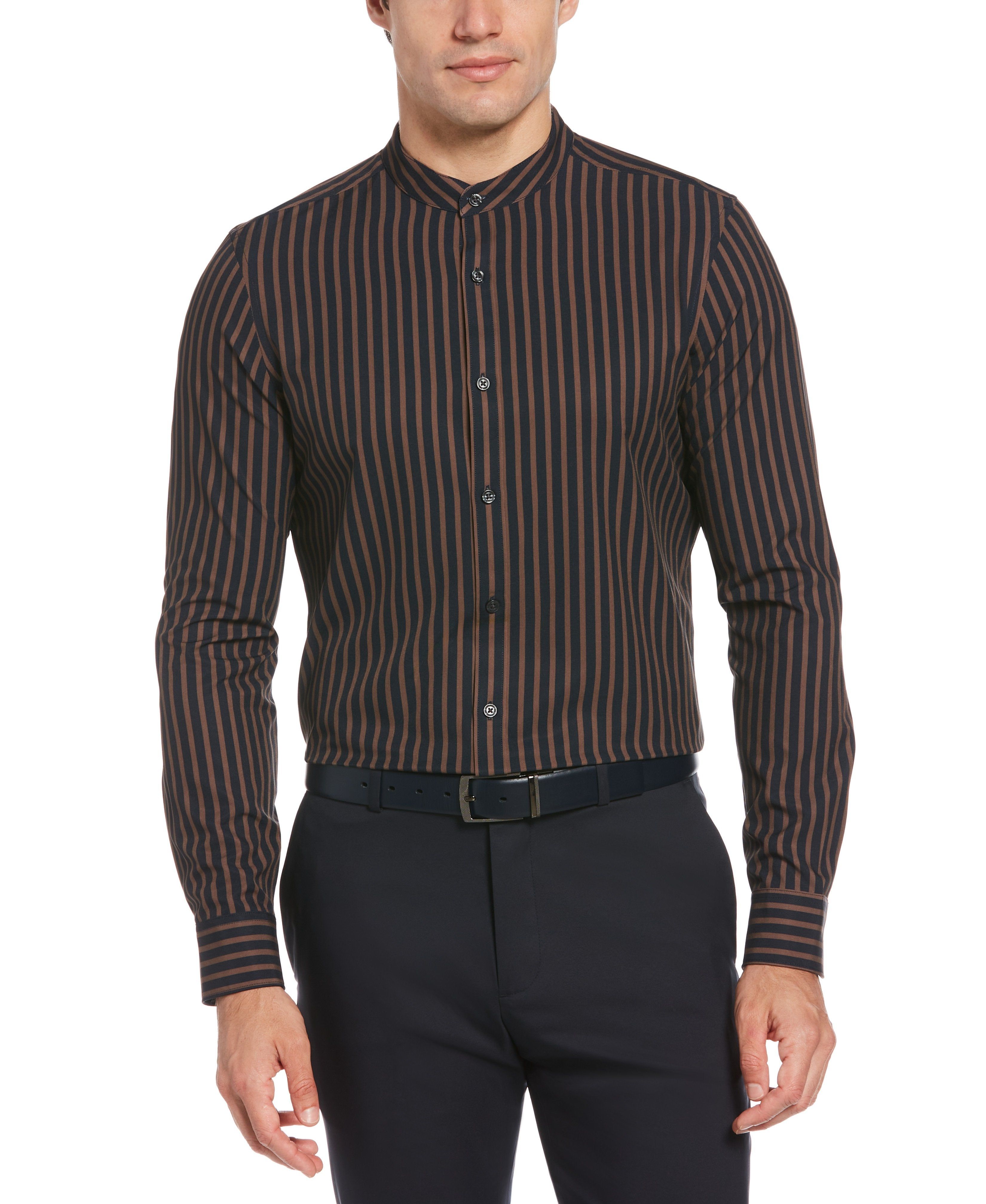 Total Stretch Vertical Stripe Banded Collar Shirt sold by Perry Ellis