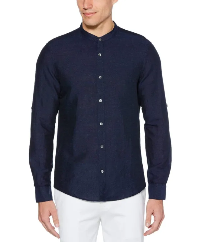 Linen Cotton Rolled Sleeve Banded Collar Shirt sold by Perry Ellis
