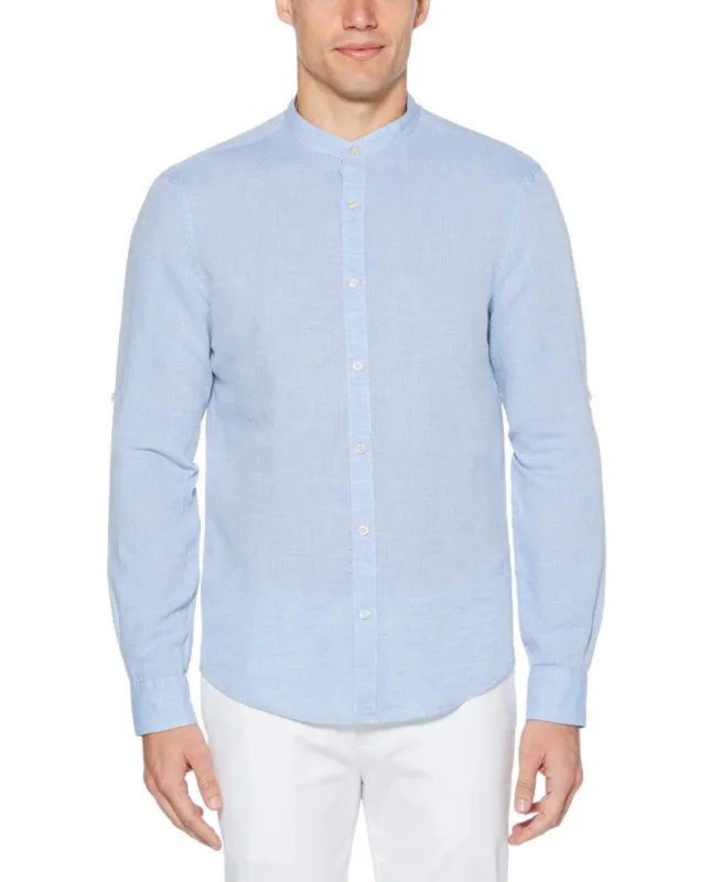 Linen Cotton Rolled Sleeve Banded Collar Shirt sold by Perry Ellis