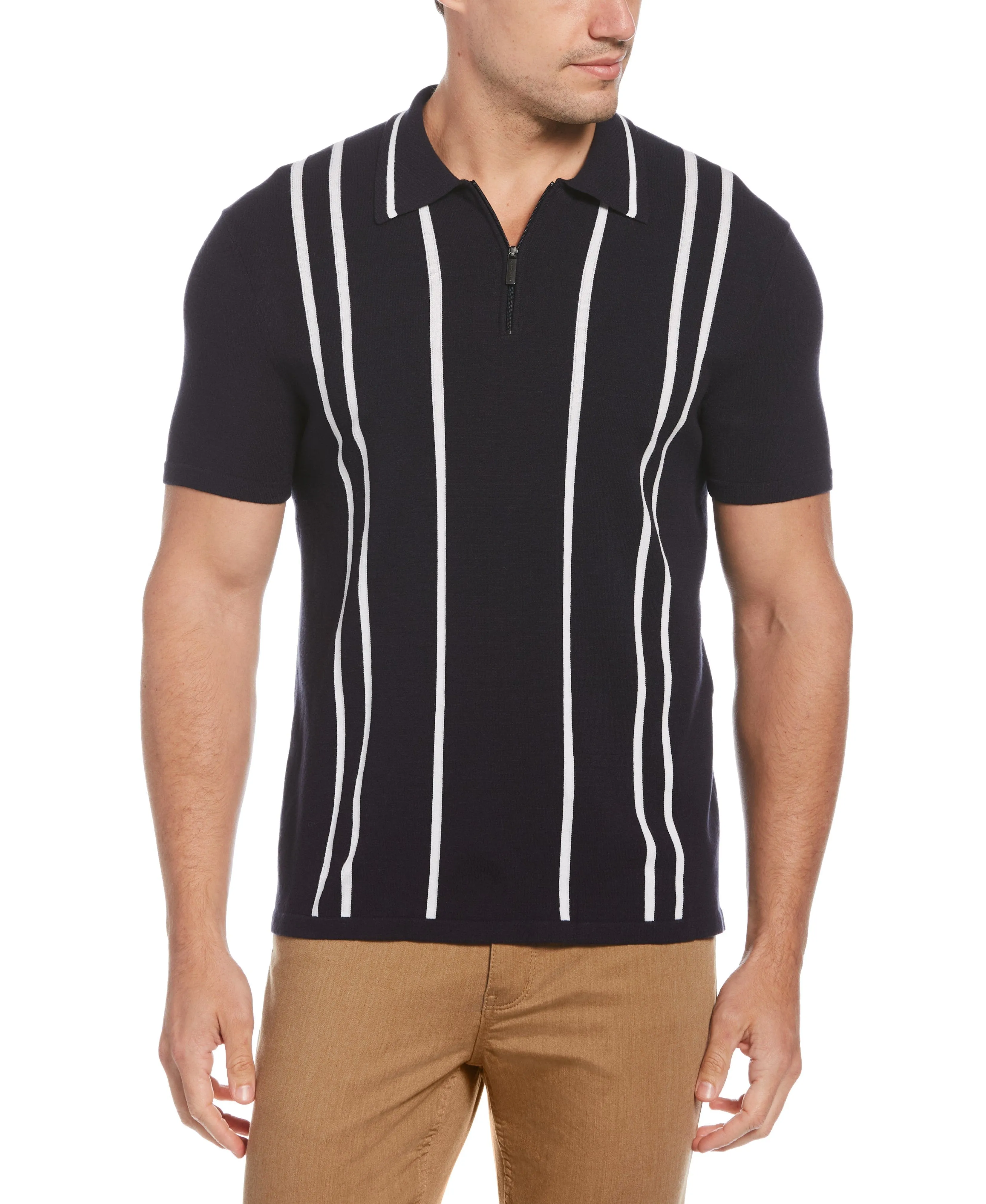 Tech Knit Vertical Stripe Zip Polo sold by Perry Ellis