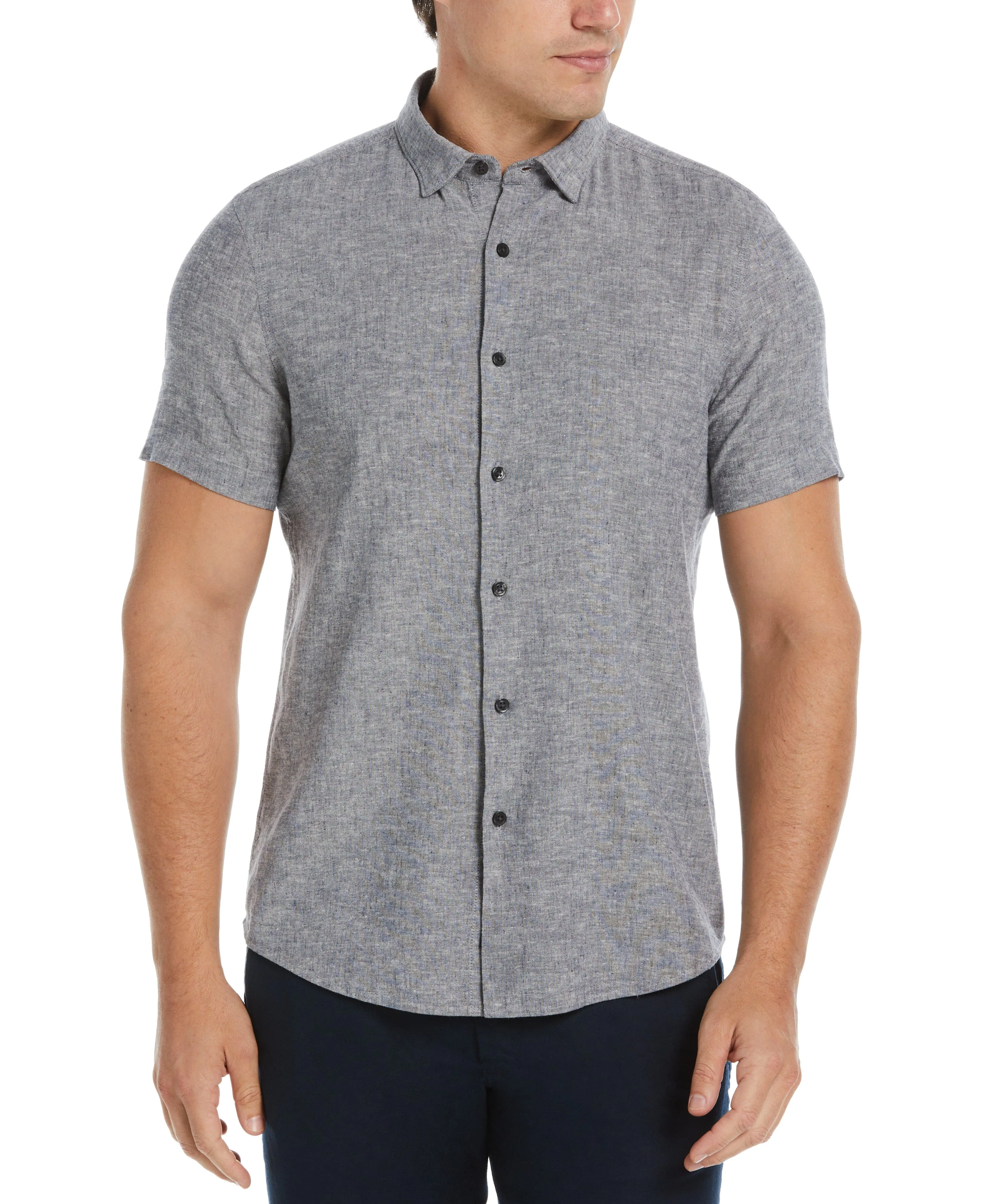 Untucked Slim Fit Linen Blend Heather Shirt - Navy Blue sold by Perry Ellis