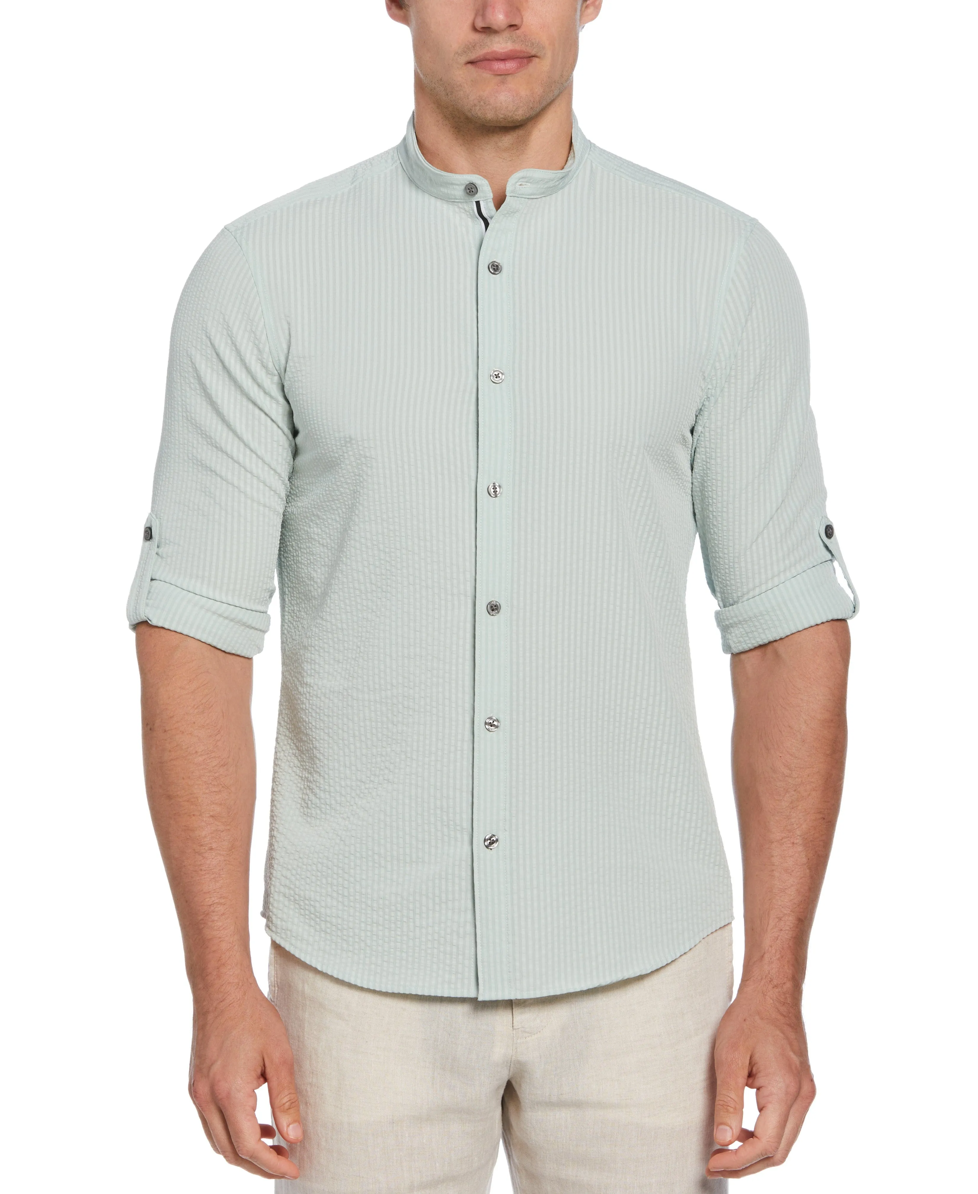 Untucked Total Stretch Slim Fit Seersucker Shirt - Gray sold by Perry Ellis