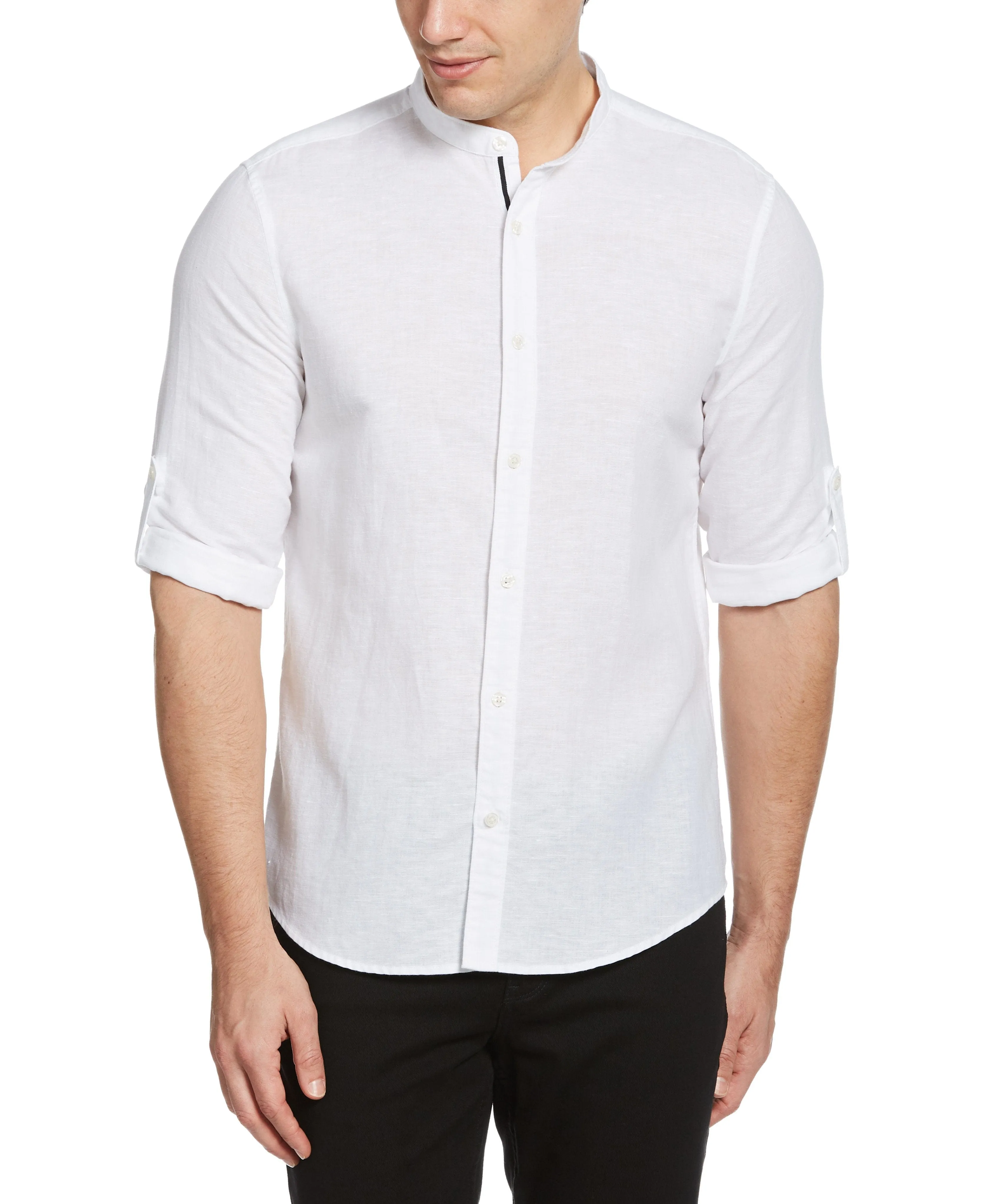 Untucked Linen Blend Roll Sleeve Slim Fit Banded Collar Shirt sold by Perry Ellis