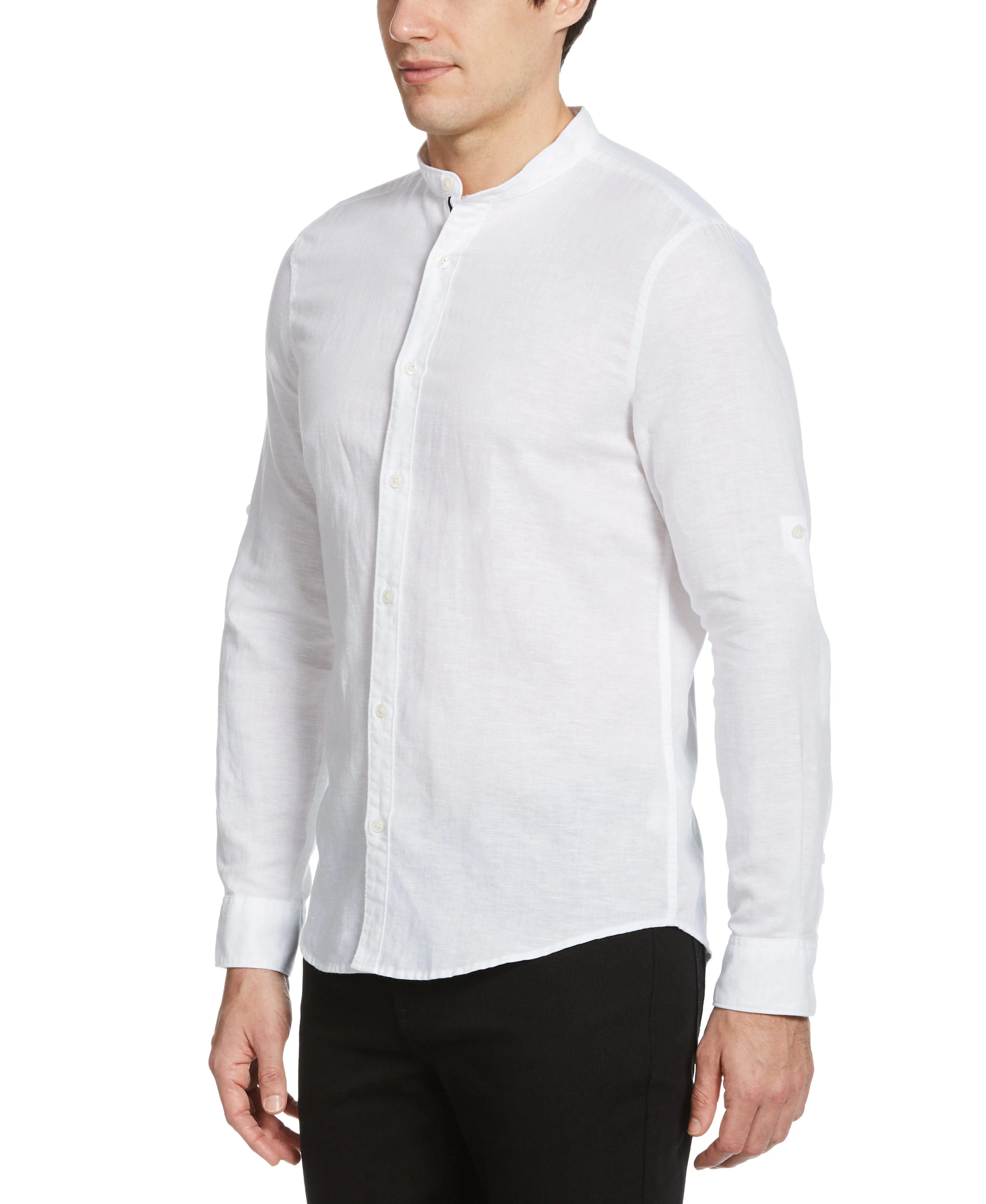 Untucked Linen Blend Roll Sleeve Slim Fit Banded Collar Shirt sold by Perry Ellis product image thumbnail 3