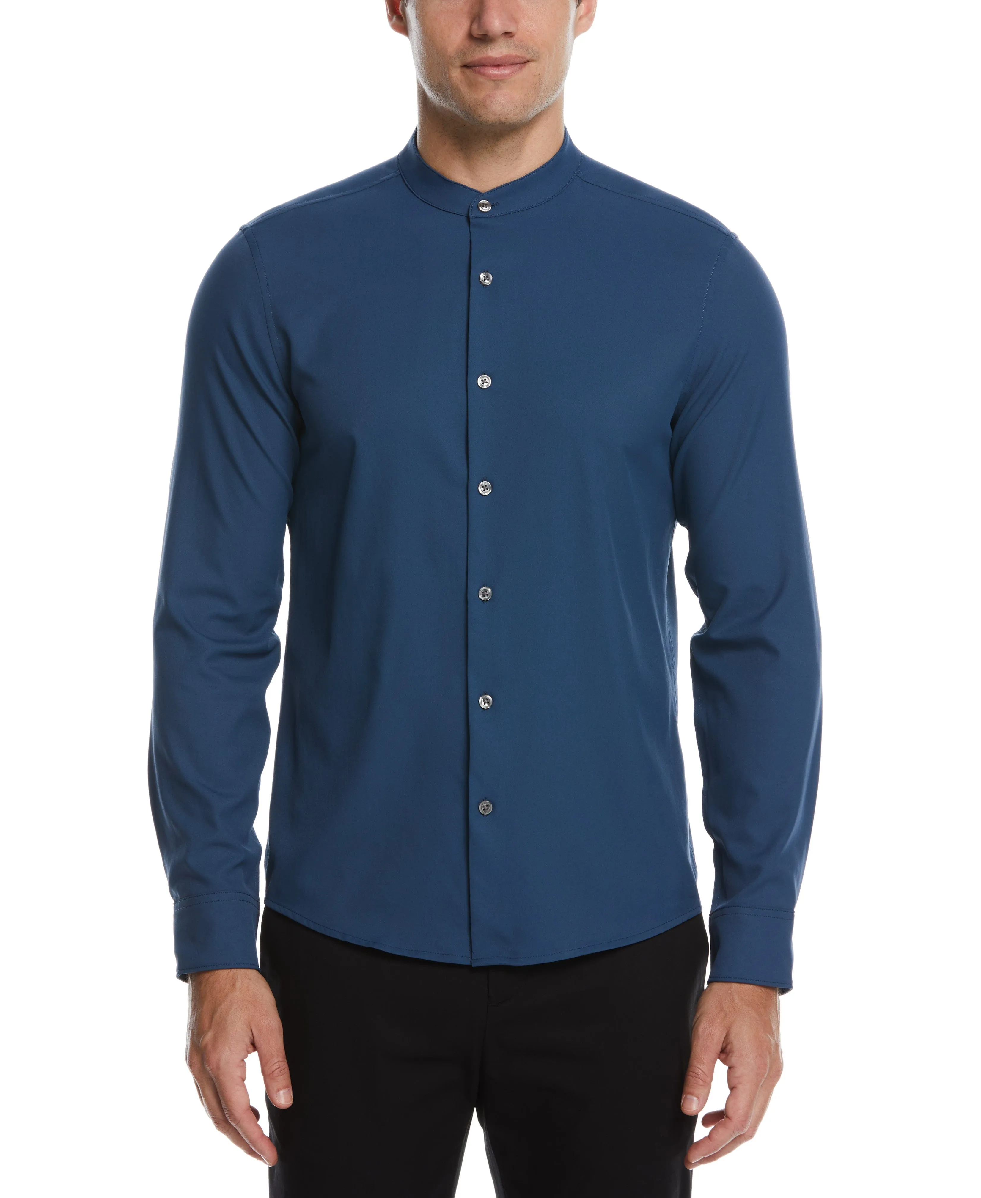 Big & Tall Untucked Total Stretch Banded Collar Shirt - Blue sold by Perry Ellis