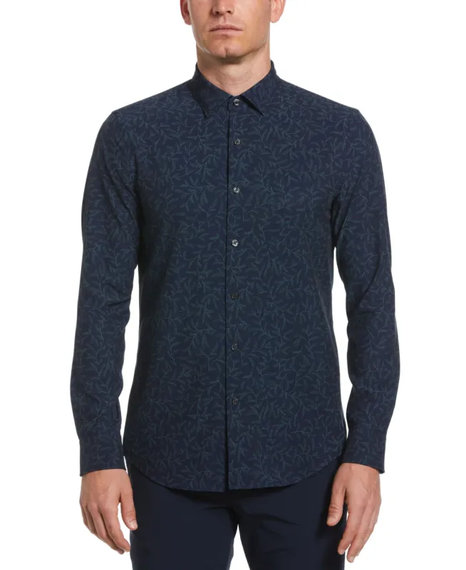 Untucked Total Stretch Slim Fit Leaf Print Shirt - Navy Blue sold by Perry Ellis
