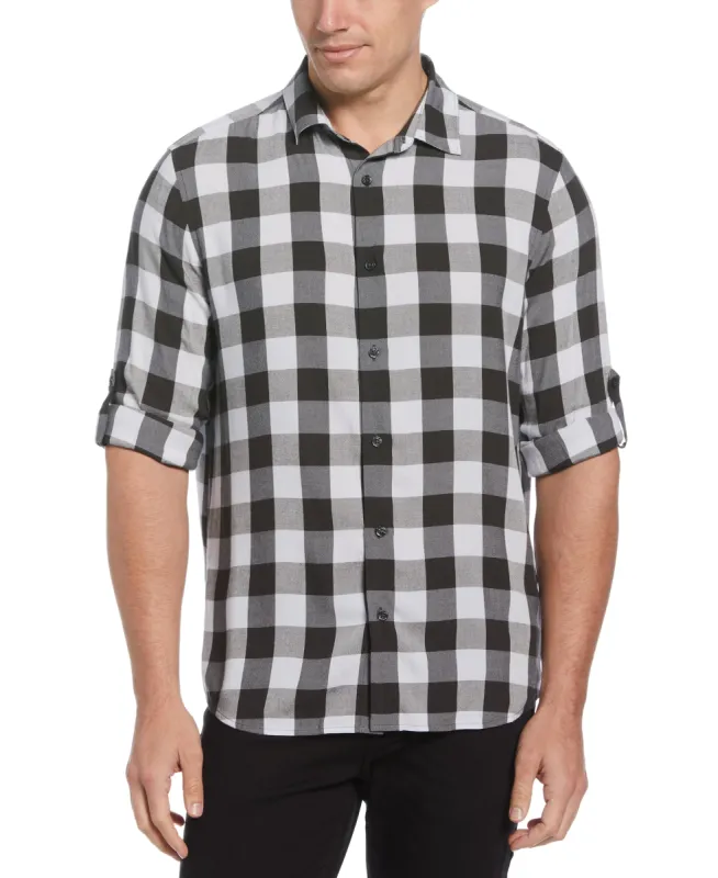 Untucked Roll Sleeve Dobby Plaid Shirt sold by Perry Ellis