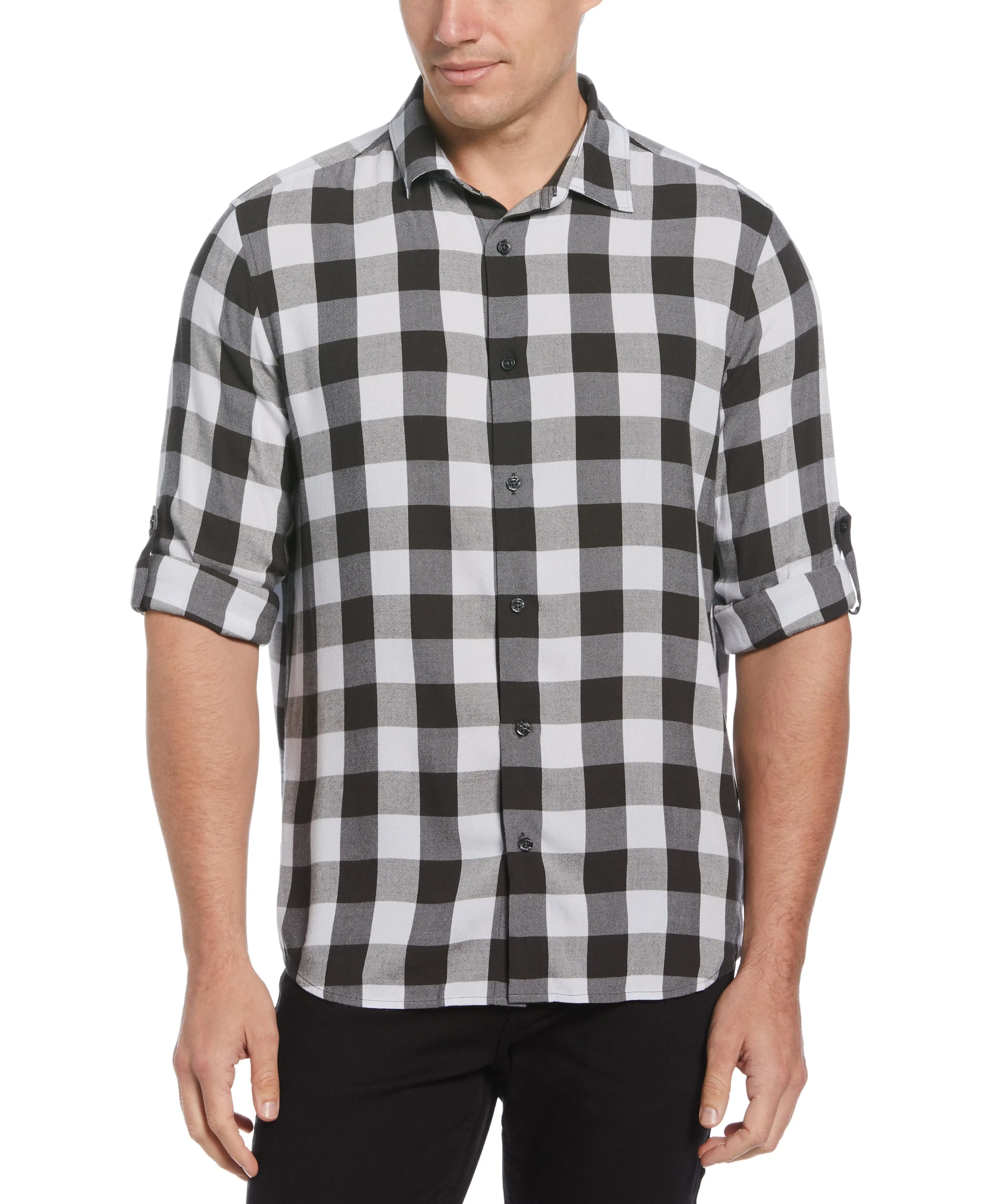 Untucked Roll Sleeve Dobby Plaid Shirt sold by Perry Ellis