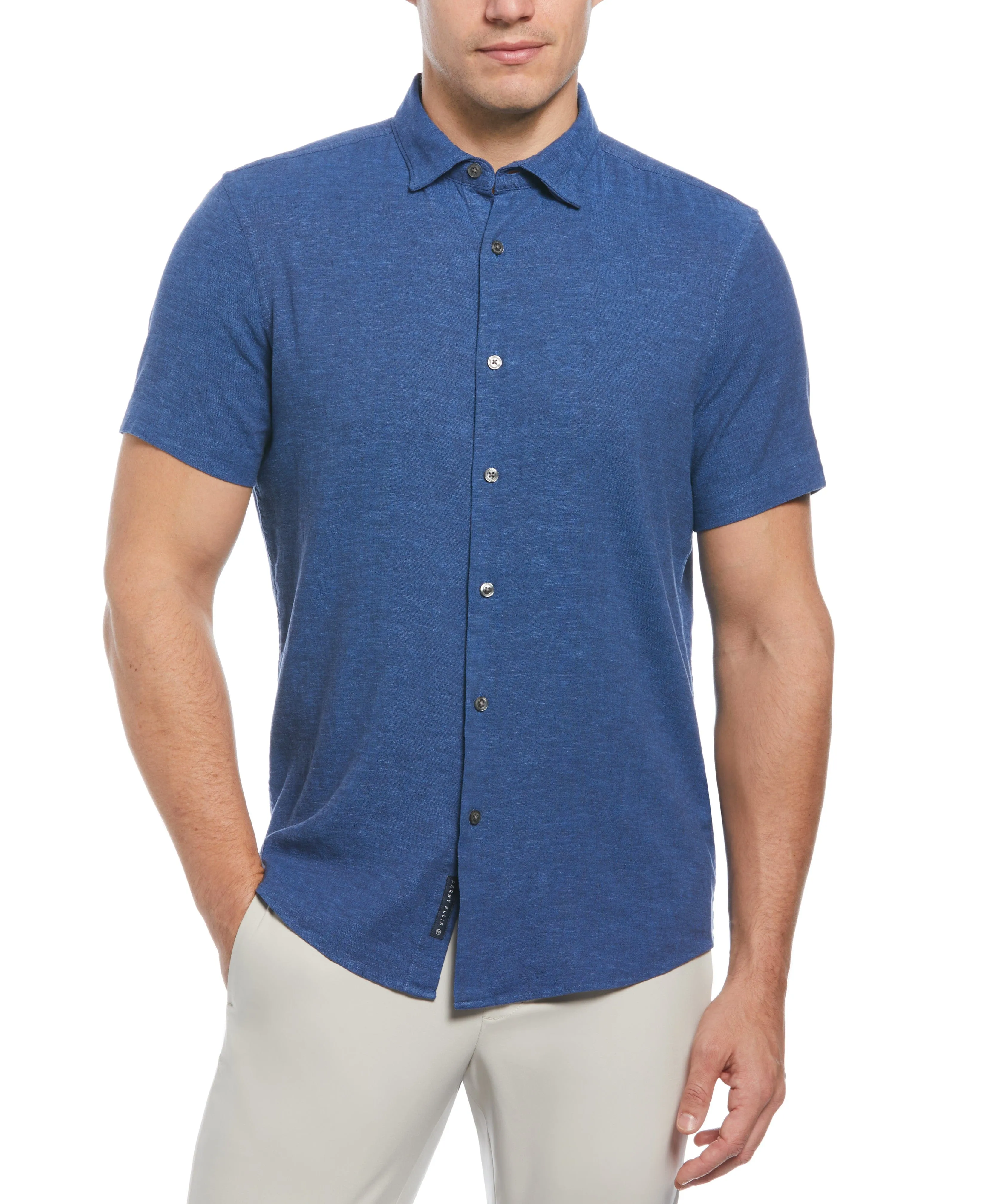 Untucked Slim Fit Linen Blend Heather Shirt - Blue sold by Perry Ellis