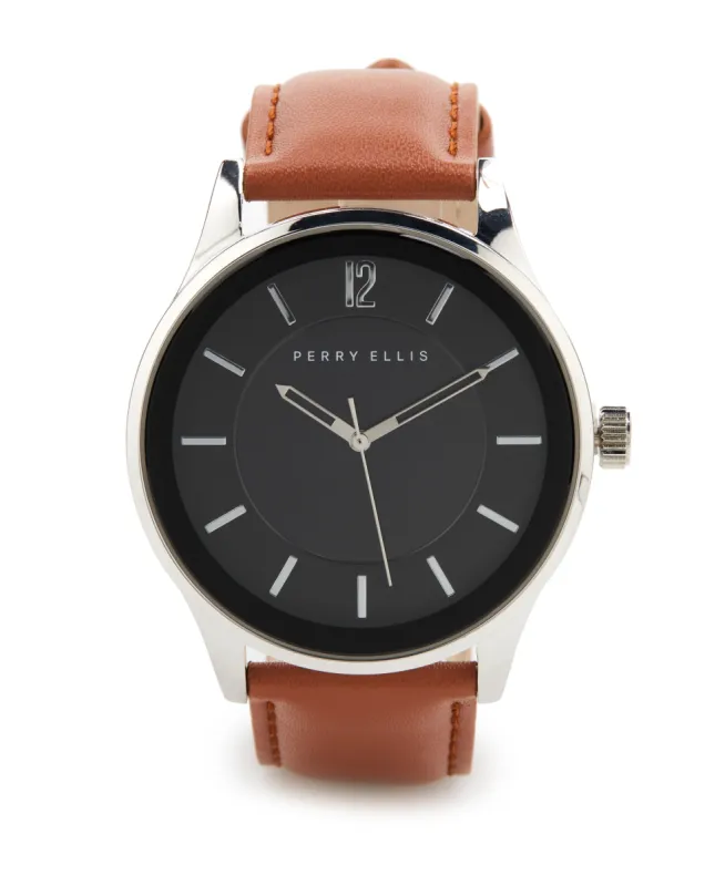 Brown and SIlver Metal Genuine Leather Watch sold by Perry Ellis