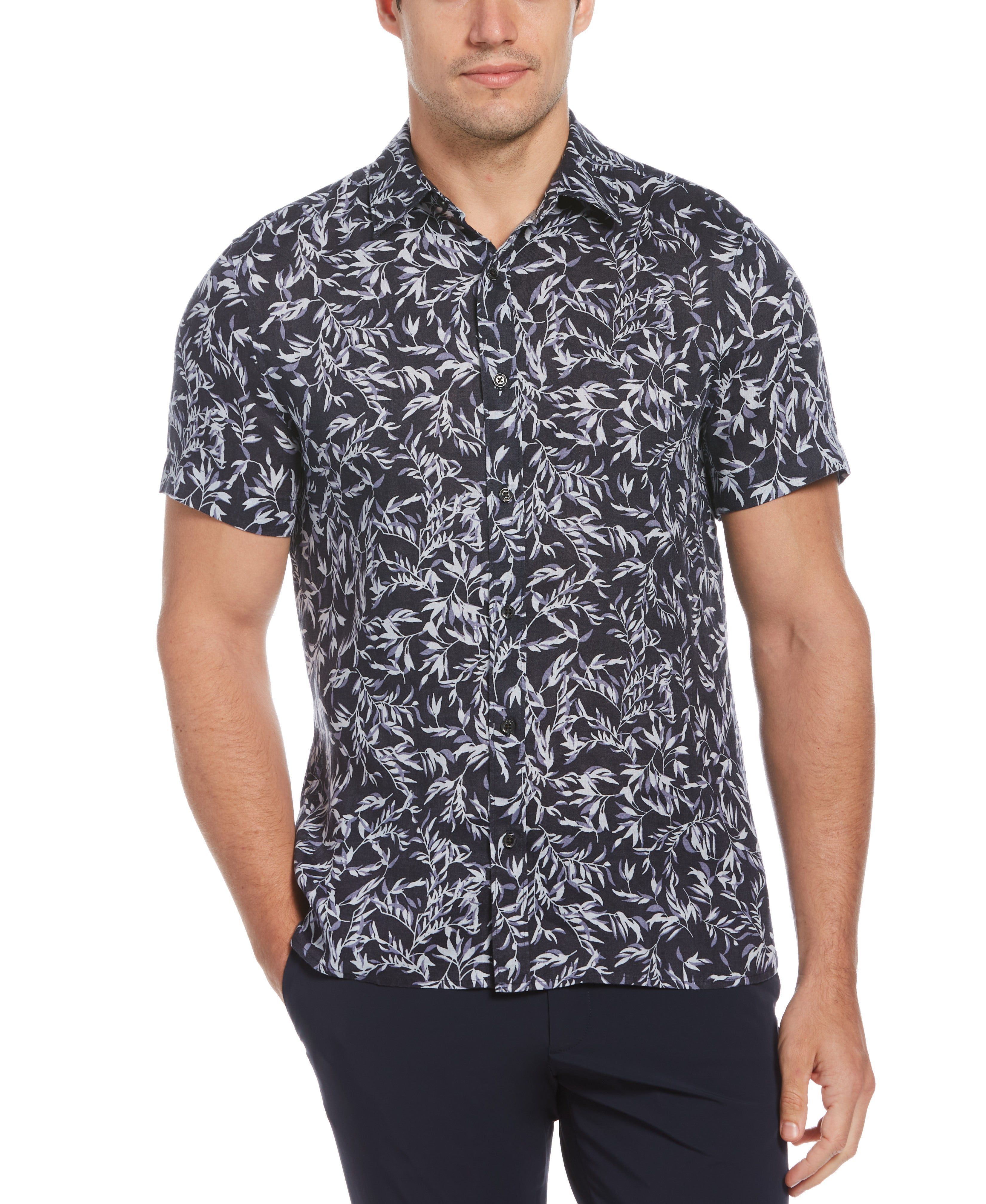 Untucked Linen Leaf Print Shirt sold by Perry Ellis