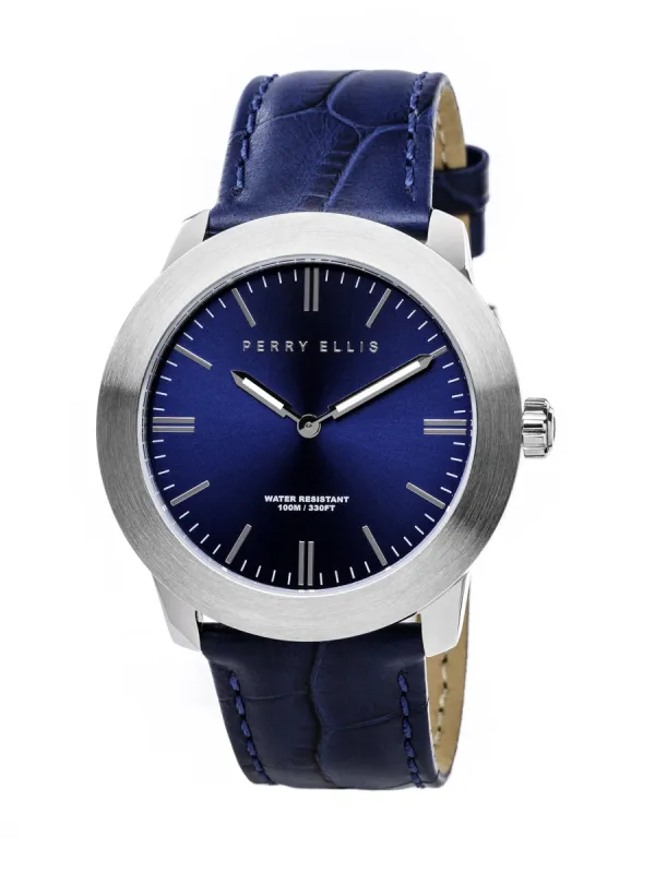 Slim Line Navy Leather Watch sold by Perry Ellis