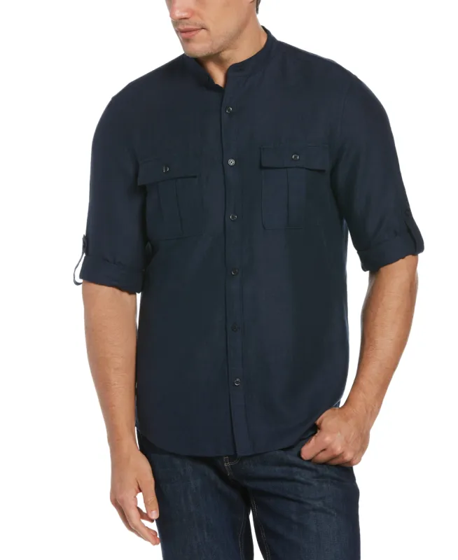 Linen Blend Roll Sleeve Military Shirt sold by Perry Ellis