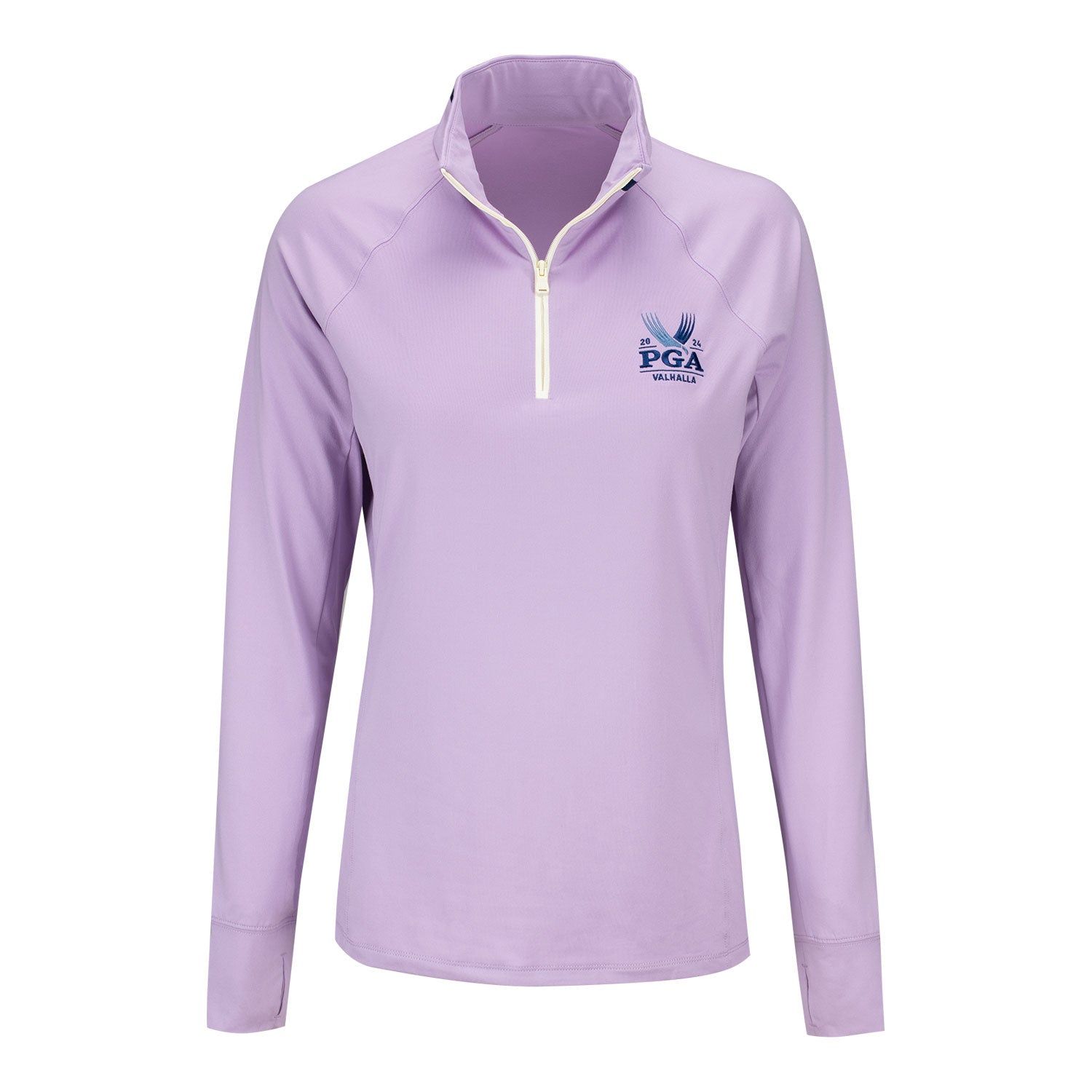 Ralph Lauren 2024 PGA Championship Women's Stretch Jersey UV Quarter Zip Pullover in Light Mauve sold by PGA Tour