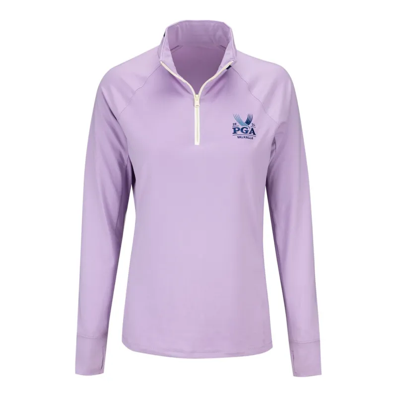 Ralph Lauren 2024 PGA Championship Women's Stretch Jersey UV Quarter Zip Pullover in Light Mauve sold by PGA Tour