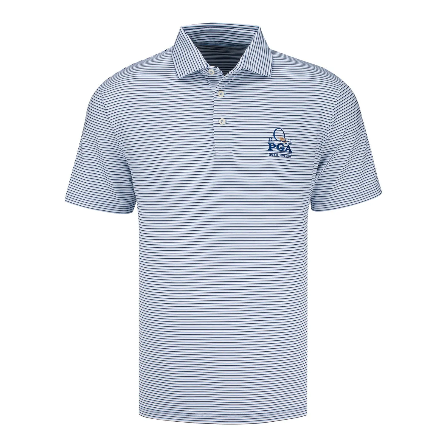Ralph Lauren 2025 PGA Championship Lightweight Airflow Polo in White and Blue Stripe sold by PGA Tour