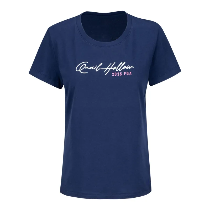 Under Armour 2025 PGA Championship Ladies Quail Script Performance Cotton Crew T-Shirt in Midnight Navy sold by PGA Tour