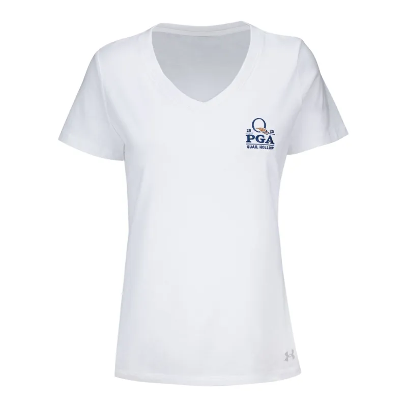 Under Armour 2025 PGA Championship Ladies Embroidered Performance Cotton V-Neck T-Shirt in White sold by PGA Tour