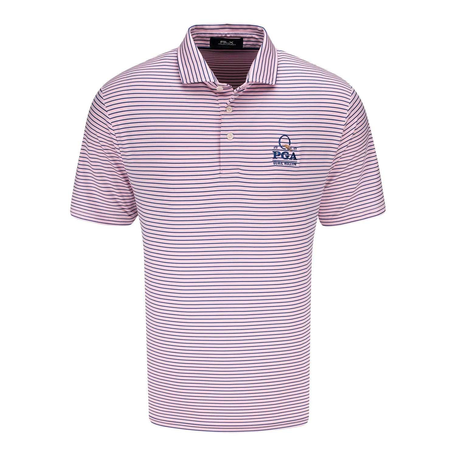 Ralph Lauren 2025 PGA Championship Featherweight Stripe Polo in Garden Pink and Old Royal sold by PGA Tour