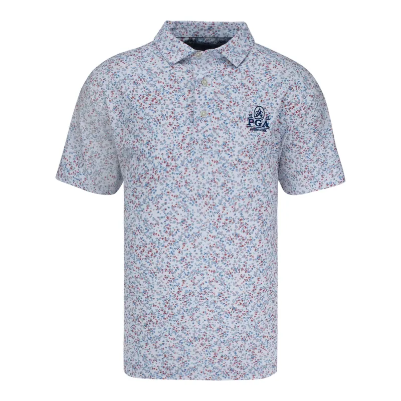 FootJoy 2026 PGA Championship Water Color Floral Pique Polo in White, Blue, and Nantucket Red sold by PGA Tour